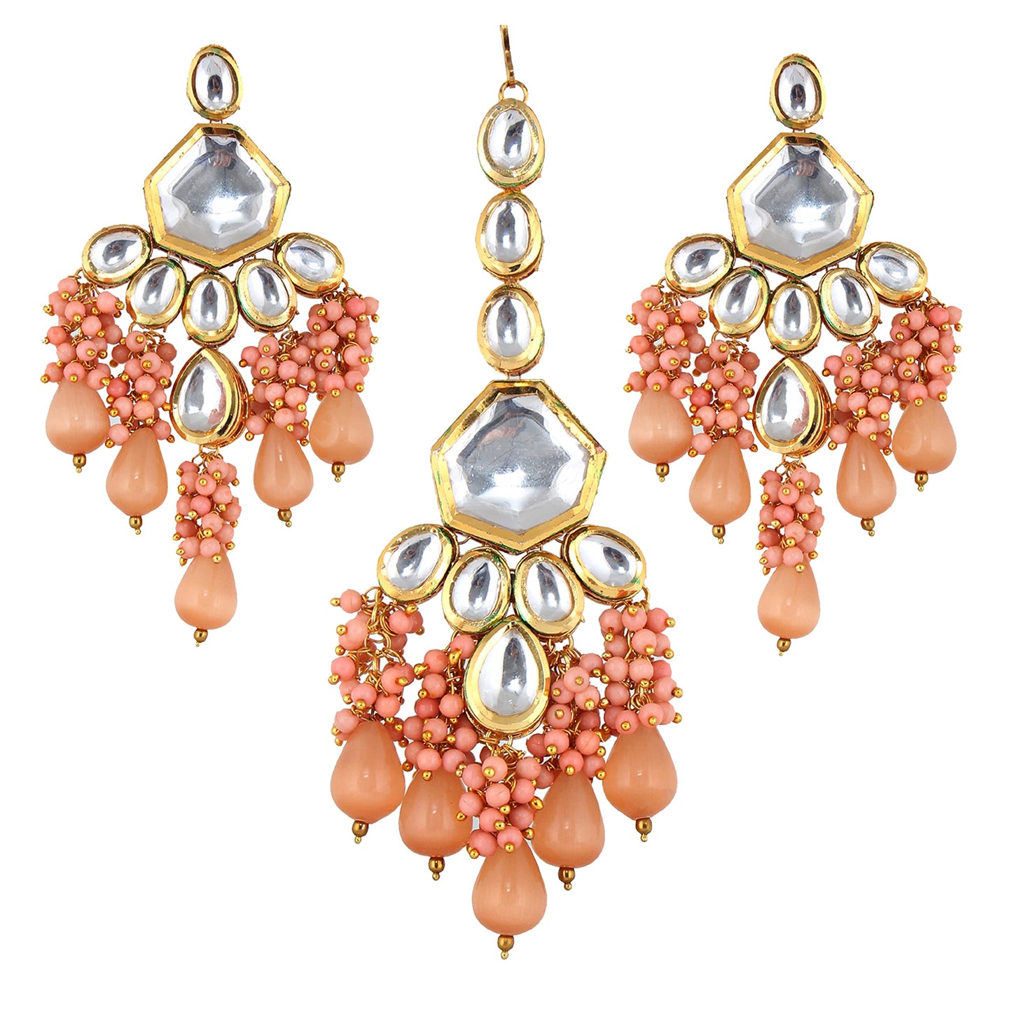 Lucky Jewellery 18K Gold Plated Peach Color Kundan Stone/Uncut Kundan/Dibbi Kundan/Meena Kundan/Lucknow Kundan with Monalisa Drop Bridal Set for Girls & Women (5910-M4SK-1574-PH)