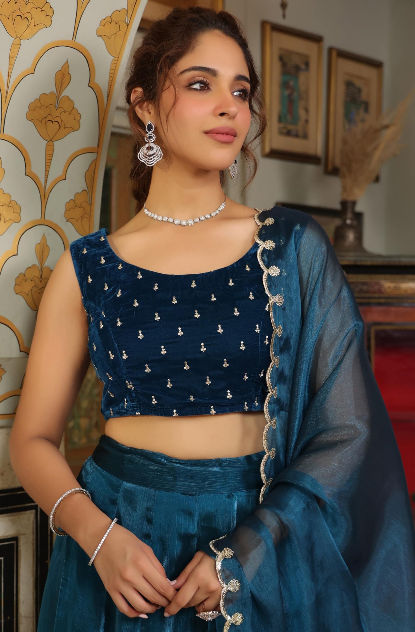 Janasya Women's Teal Blue Organza Zari Embroidered Pleated Ready To Wear Readymade Lehenga Choli Set (JAB24LC00469-XL)