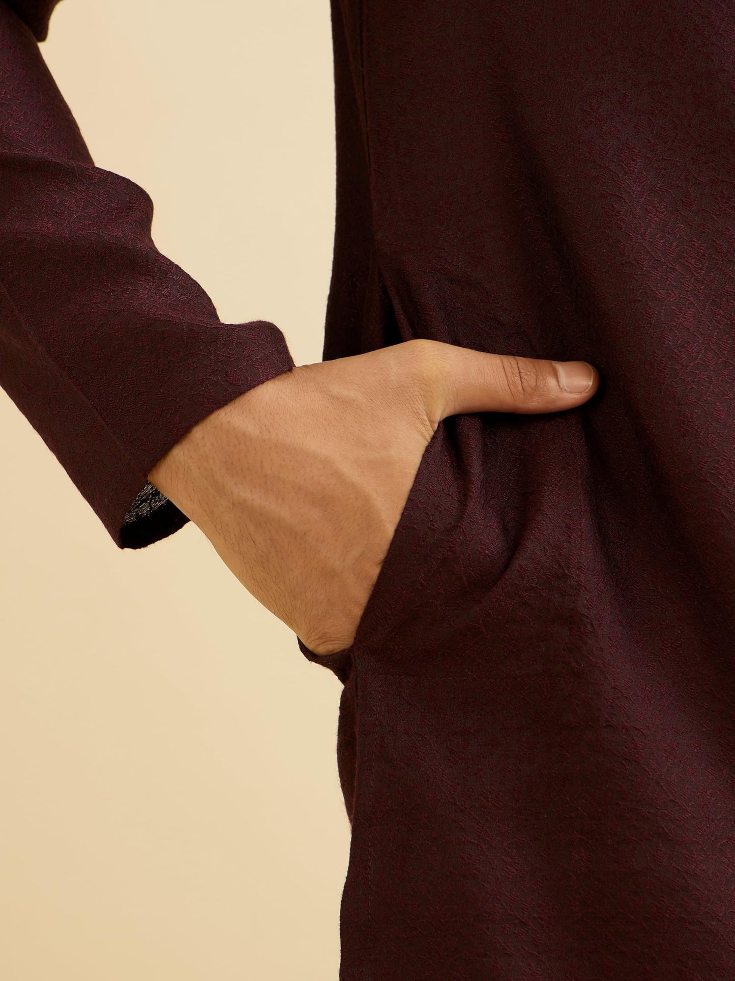 Manyavar Men's Viscose Blend Neck Embroidery Kurta Set (Wine,XL)