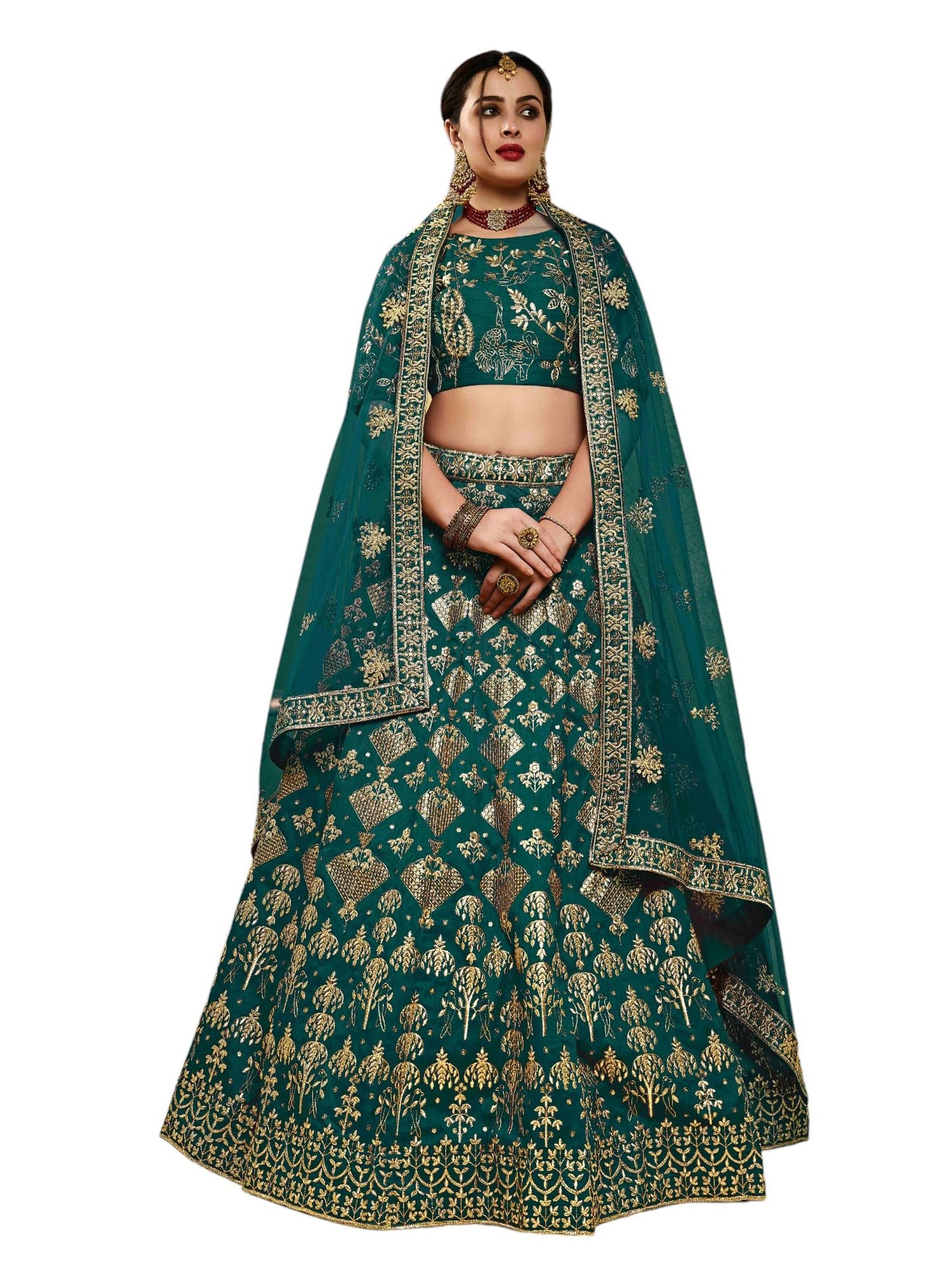 Zeel Clothing Women's Thread Sequins Embroidery Silk Bridal Semi-Stitched New Lehenga Choli With Dupatta (7055-Green-Wedding-Bridal-Stylish-Latest; Free Size)