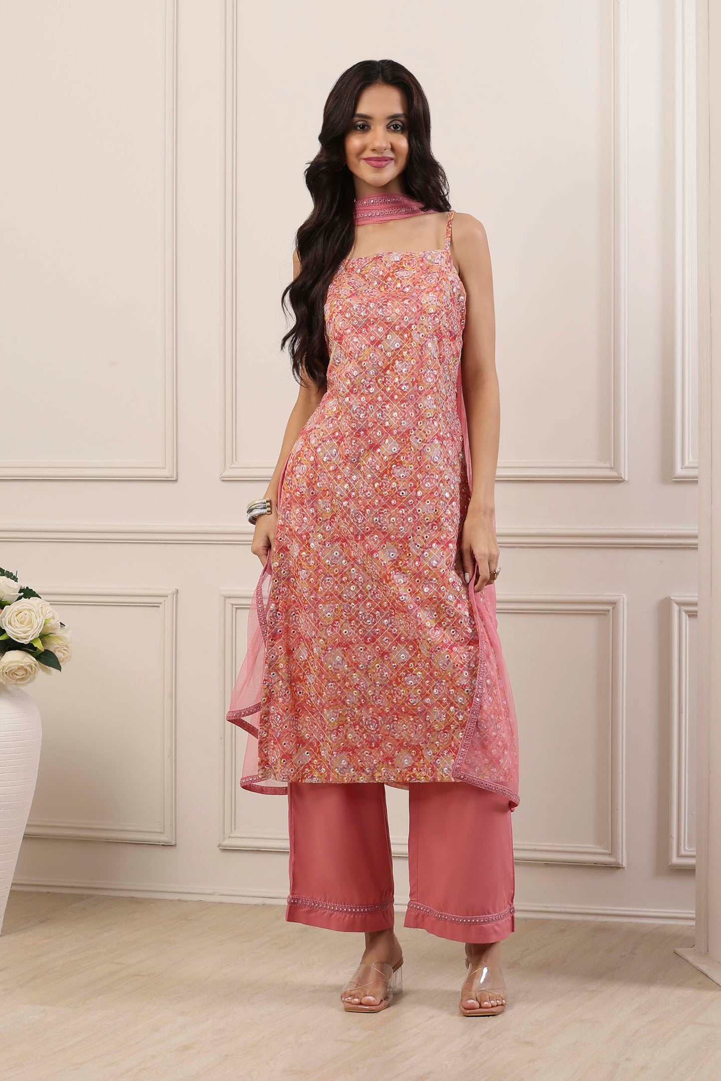 Biba Women Peach Poly Georgette Straight Suit Set_30
