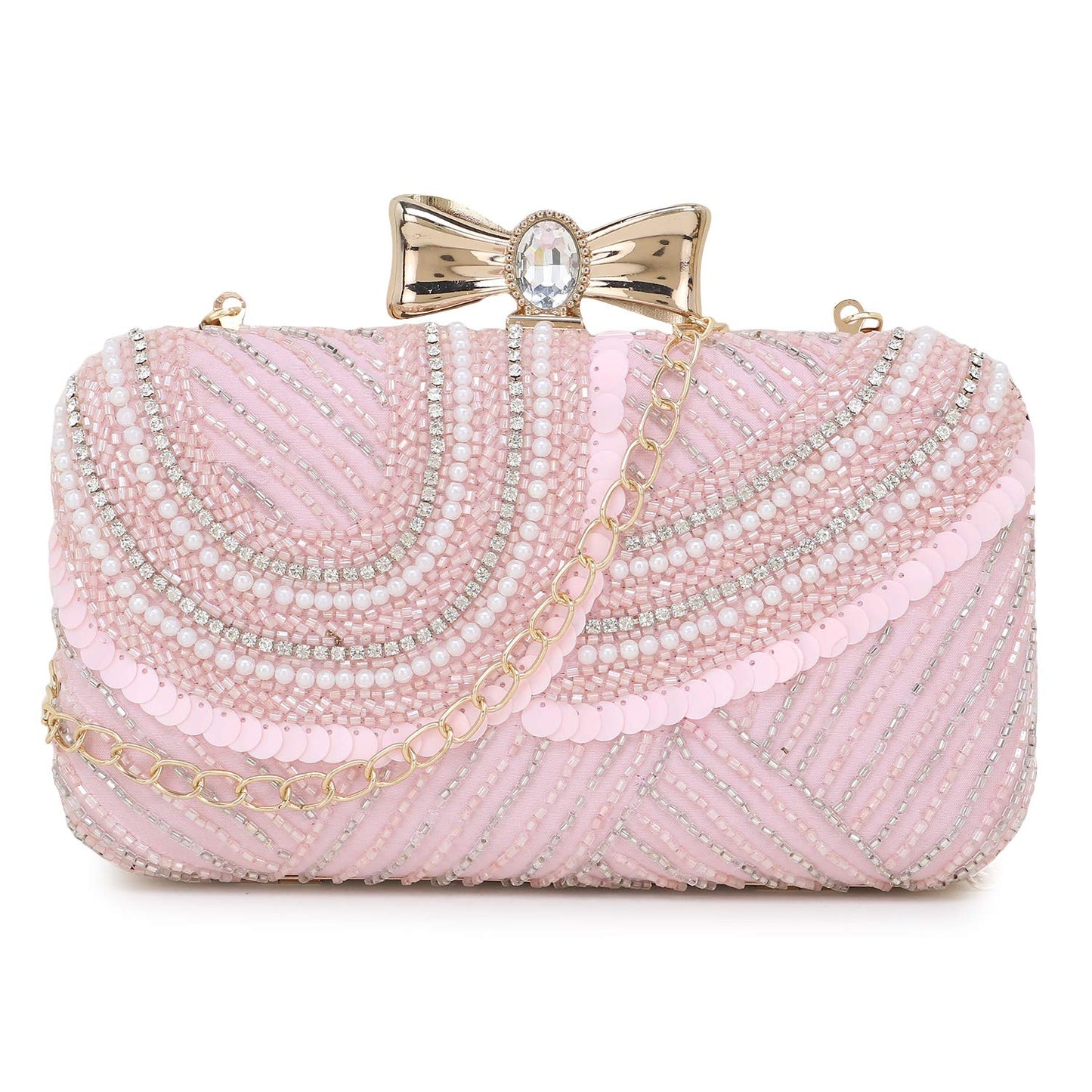 Anekaant Adorn Baby Pink & White Embellished Faux Silk Clutch