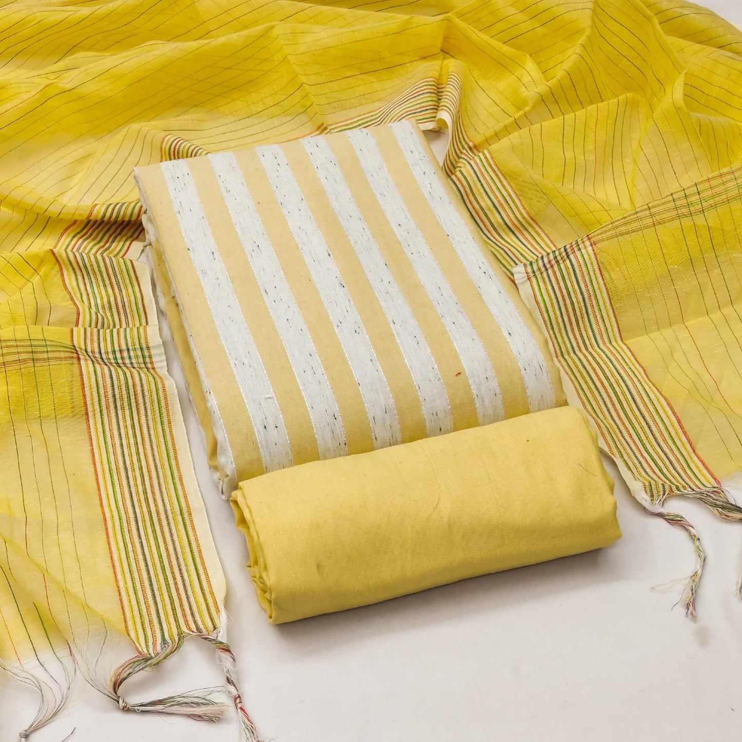 Pandadi Saree Women's Yellow Cotton Jacquard Linning Work Unstitched Salwar Suit Dress Material