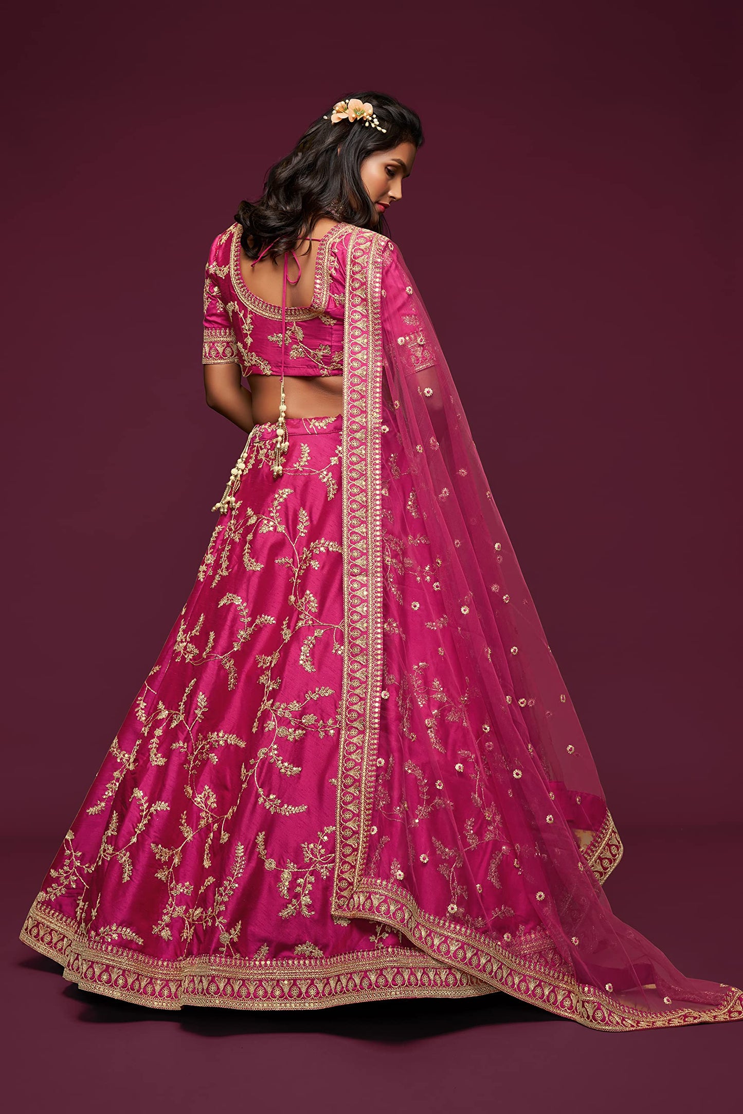 Zeel Clothing Women's Art Silk Semi-Stitched Lehenga Choli with Dupatta (7806-Pink-Wedding-Bridal-Latest-Lehenga; Free Size) (Pink)