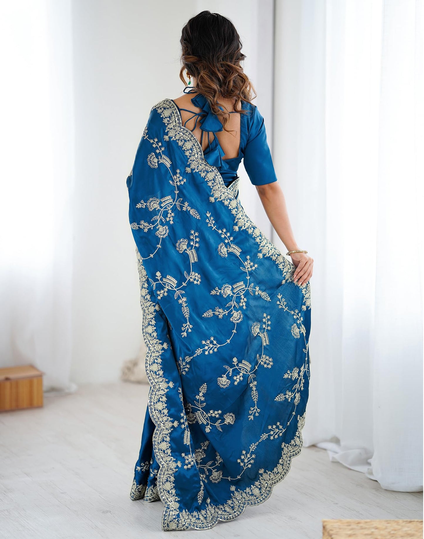 Satrani Women's Satin Embroidery & Sequin Work Saree with Unstitched Blouse Piece (4858S171N_Teal Blue)