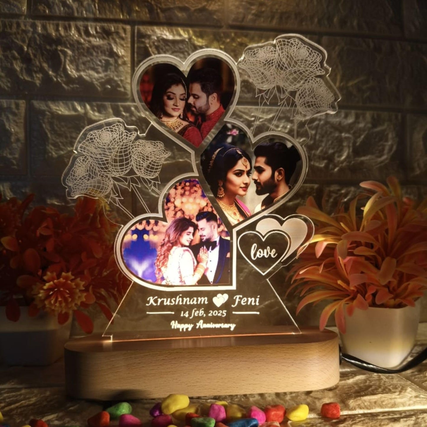 SHAYONA Personalized LED Heart-Shaped Acrylic Photo with Custom Name & Date – Romantic Anniversary Gift for Couples – Unique Love Night Lamp with Rose Design – Customizable for Valentine’s, Weddings