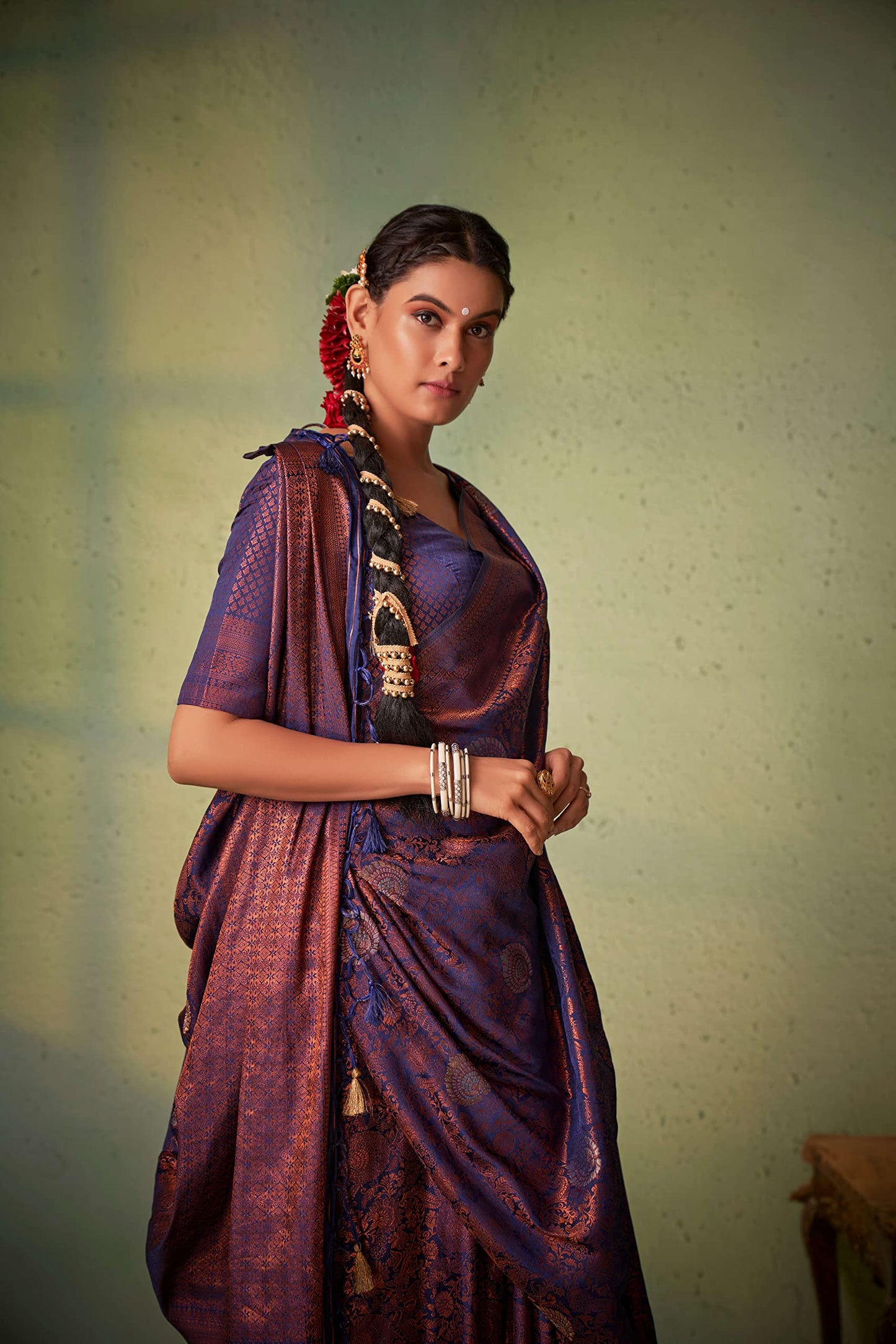 Vardha Women's Kanjivaram Art Silk Saree, Zari Woven, Copper, Unstitched Blouse - Navy Blue, Blue Sari Anvaya, 551