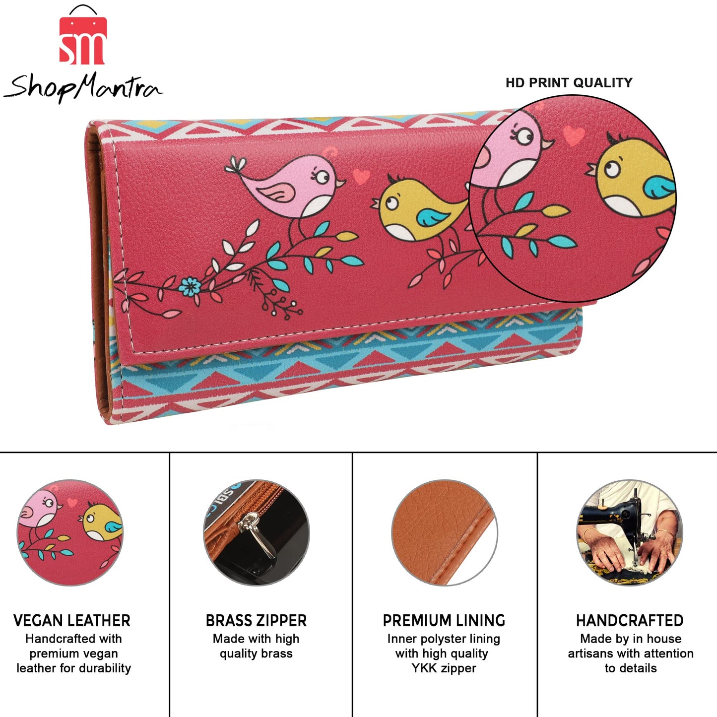 ShopMantra Wallet for Woman | Multicolor Red Bird Design | Faux Leather Printed Long Clutch | Stylish & Cute Trifold Clutch with Card Slots & Coin Pocket