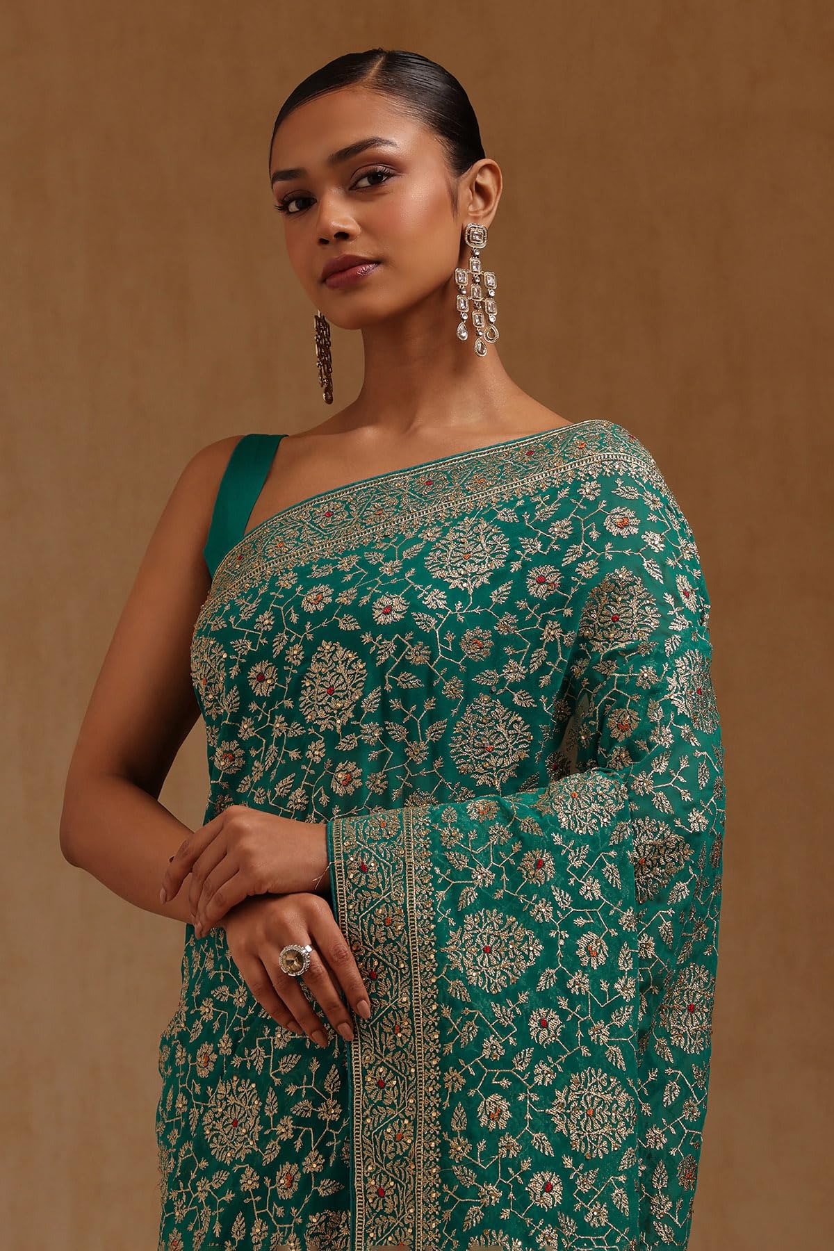 Soch Womens Turquoise Blue Georgette Embroidered Saree With Stone Work