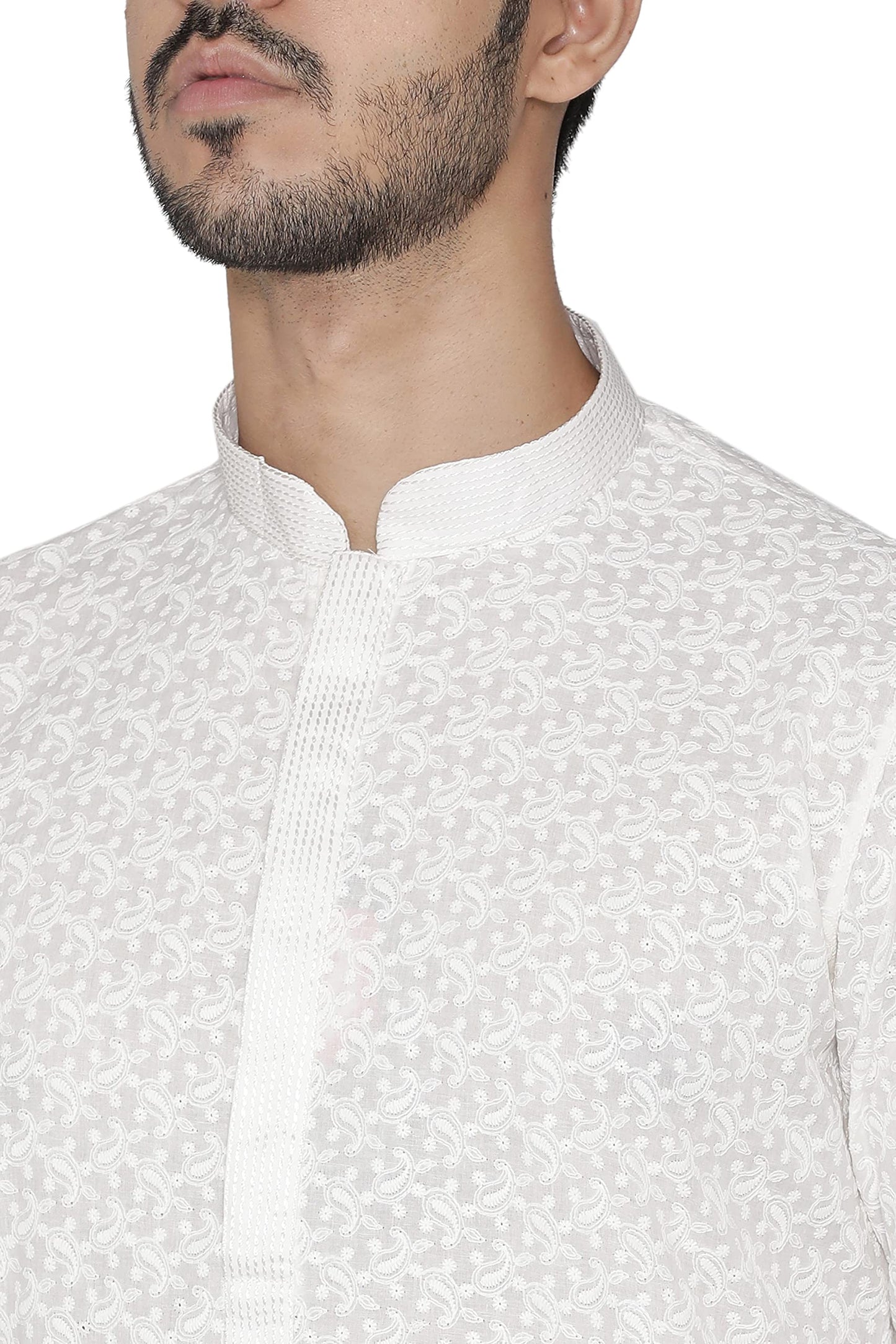 Manyavar Embroidered Knee Long Full Sleeves Kurta and Churidar Set For Men - (Cream, X-Large)