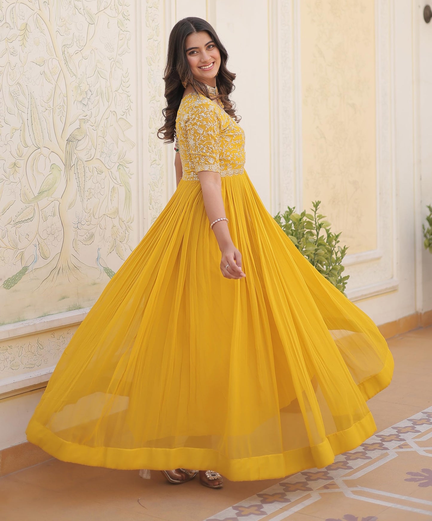 Fashion Basket Red Georgette Embroidered Anarkali Kurta Set for Women (in, Alpha, XL, Regular, Yellow)