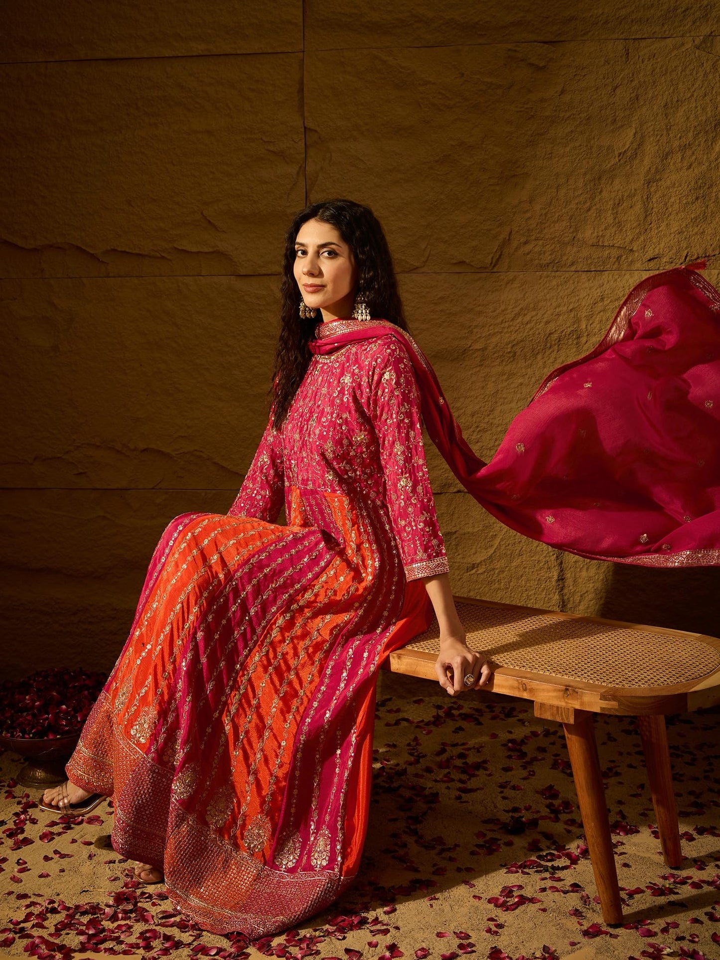 Miss Ethnik Women's Pink Chinon Stitched Gown With Dupatta 3/4 Sleeve Embroidered Anarkali Gown (MEY-1231-Pink-L)