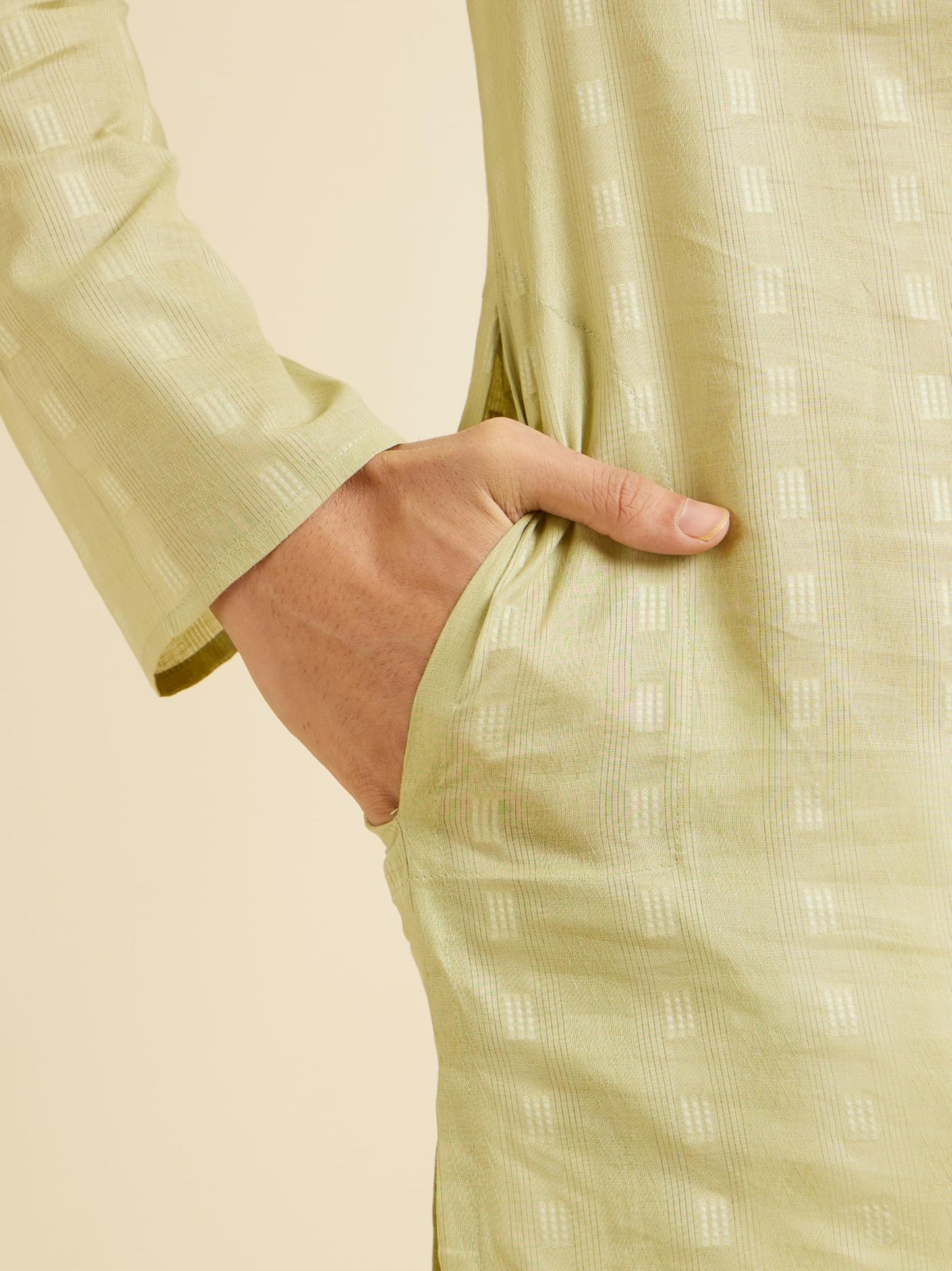 Manyavar Men's Cotton Self-Textured Kurta Set (Light Mid Green,XXXL)