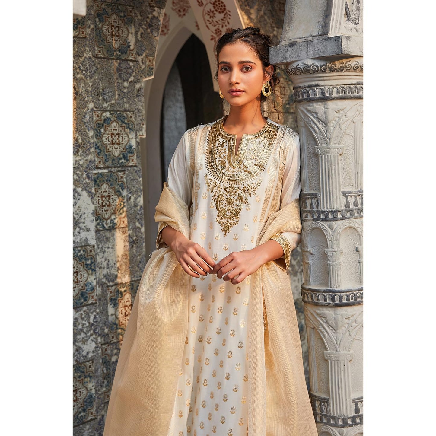 BIBA Women Cotton Blend Straight Self Design Suit Set (SKDMAURYA9378SS24OWHT_Off White