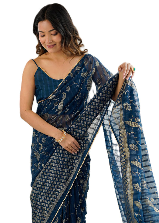 Ekasya Women Georgette Navy Blue Floral Pattern Printed Work Saree With Unstitched Blouse (E5677_5)