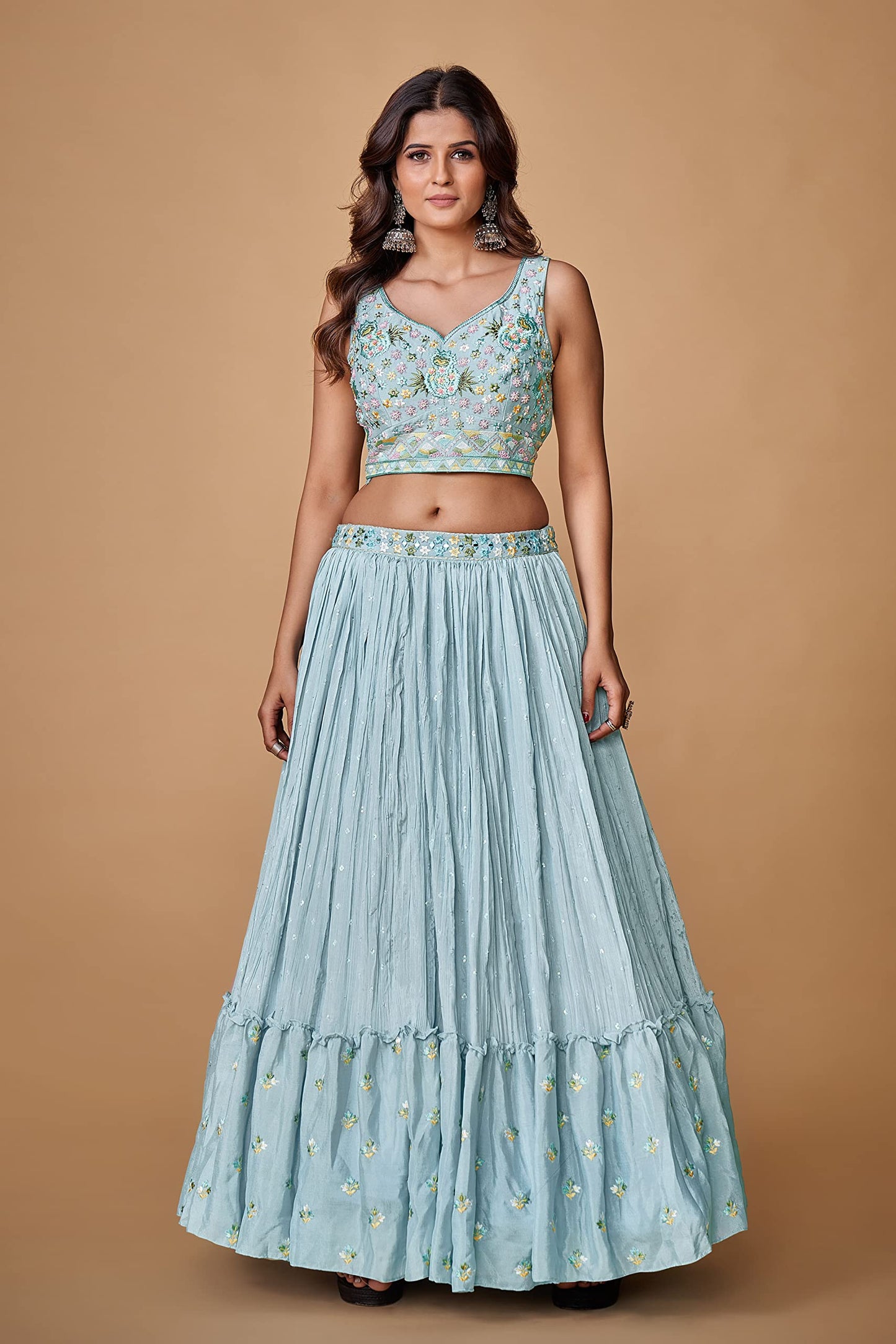 FUSIONIC Sequins With Pearl Powder Blue Ruffle Lehenga