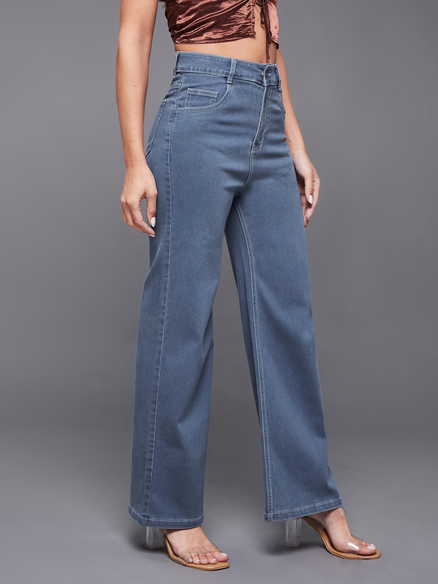 Miss Chase Women's Wide-Leg High-Rise Regular-Length Stretchable Denim Jeans (MCSS24DEN79-03-677-36, Morning Blue, 36)