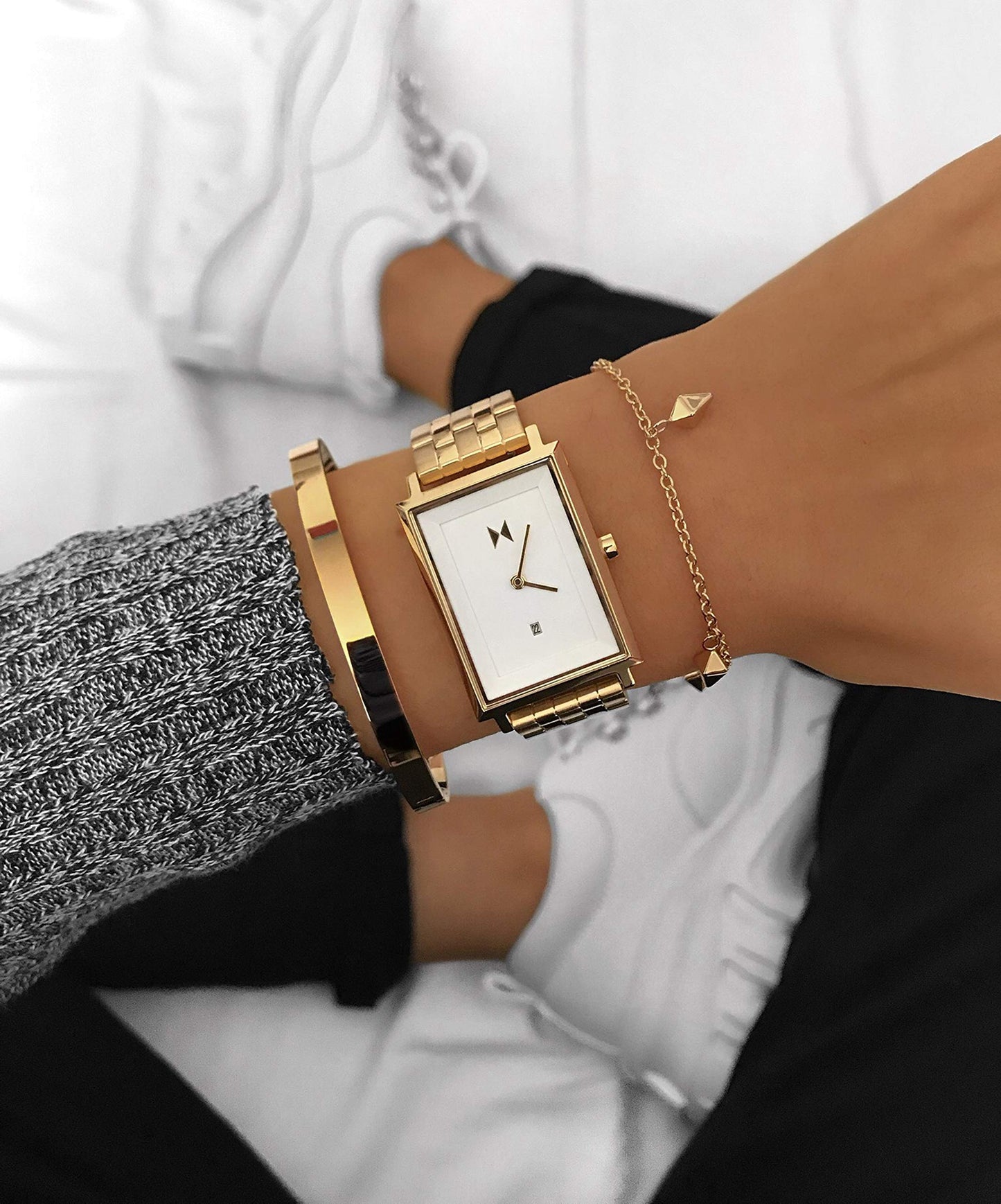 MVMT Stainless Steel Signature Square Analog White Dial Women Watch-D-Mf03-G, Gold Band