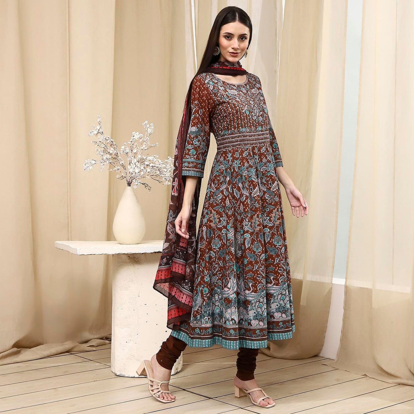 BIBA Women's 60'S Cambric Kurta Set (SKDKLMR8356ESS25BRN_Brown