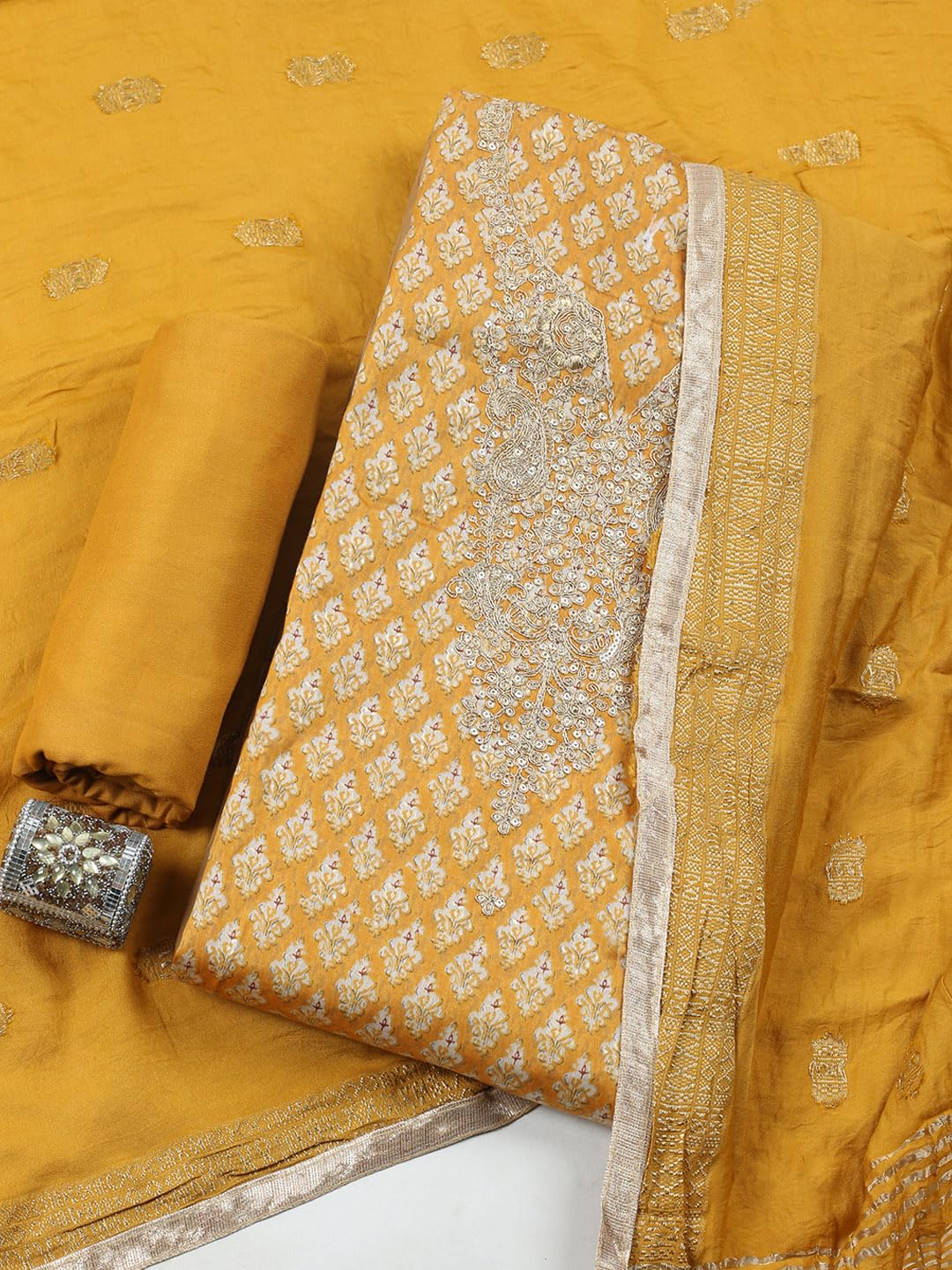 Meena Bazaar Printed Cotton Unstitched Kurta with Bottom & Dupatta