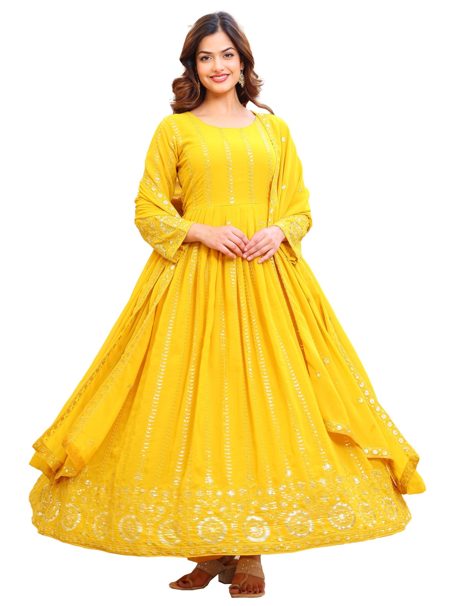 Fashion Basket Embroidered Anarkali Dress for Women Yellow