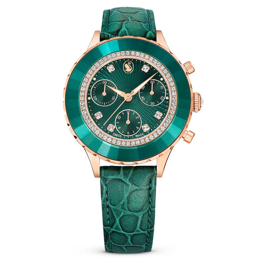Swarovski Leather Analog Rose Gold Dial Women's Watch-5672931, Band Color-Green