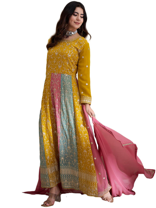 Miss Ethnik Women's Yellow Faux Georgette Stitched Top with Dupatta Full Sleeve Embroidered Anarkali Gown (MEY-1183-Yellow-S)