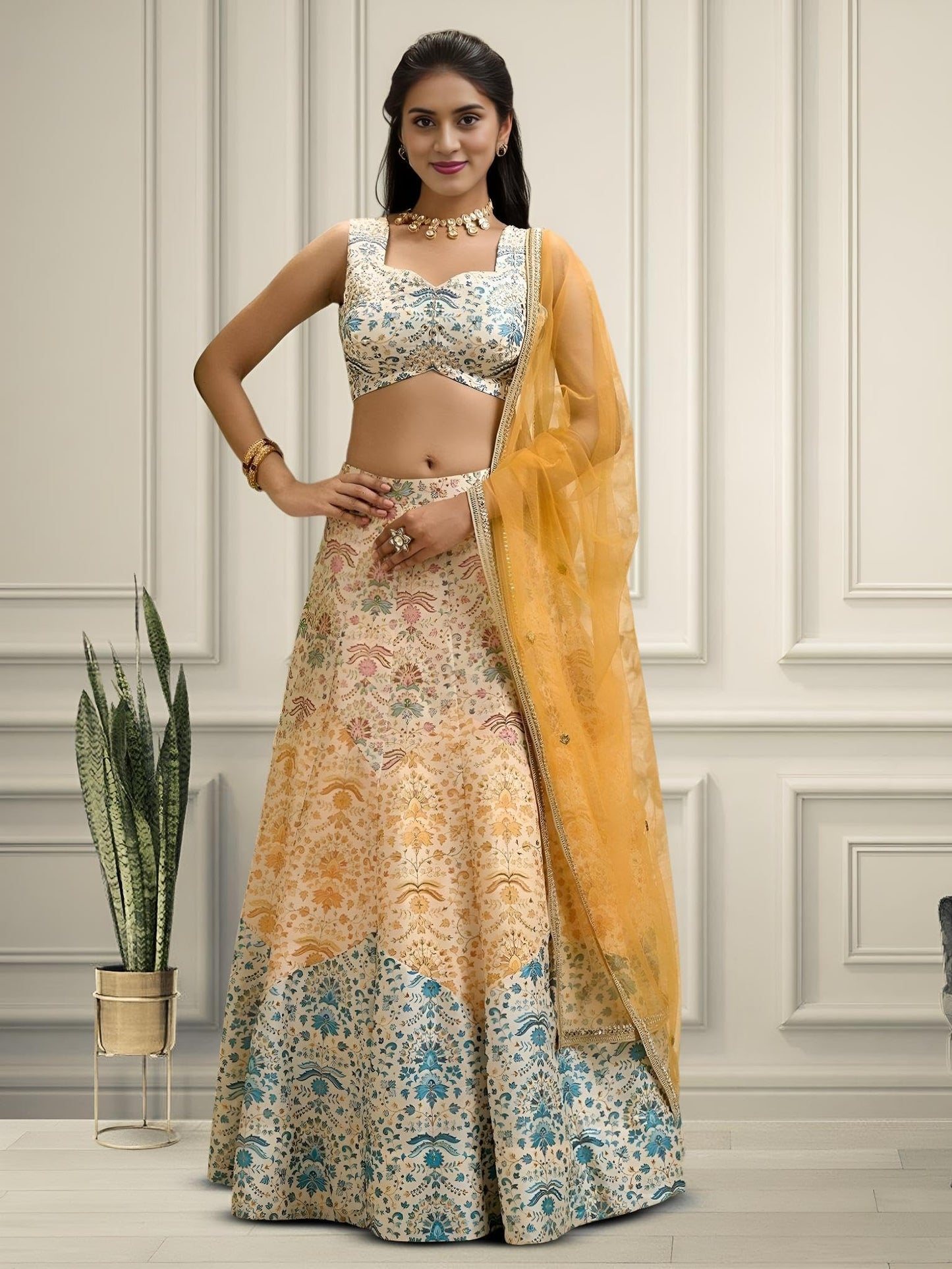 Zeel Clothing Women's Zari and Digital Print Work Art Silk Lehenga Choli with Dupatta (5073-Multi-Womens-Lehenga-Choli-New; Free Size)