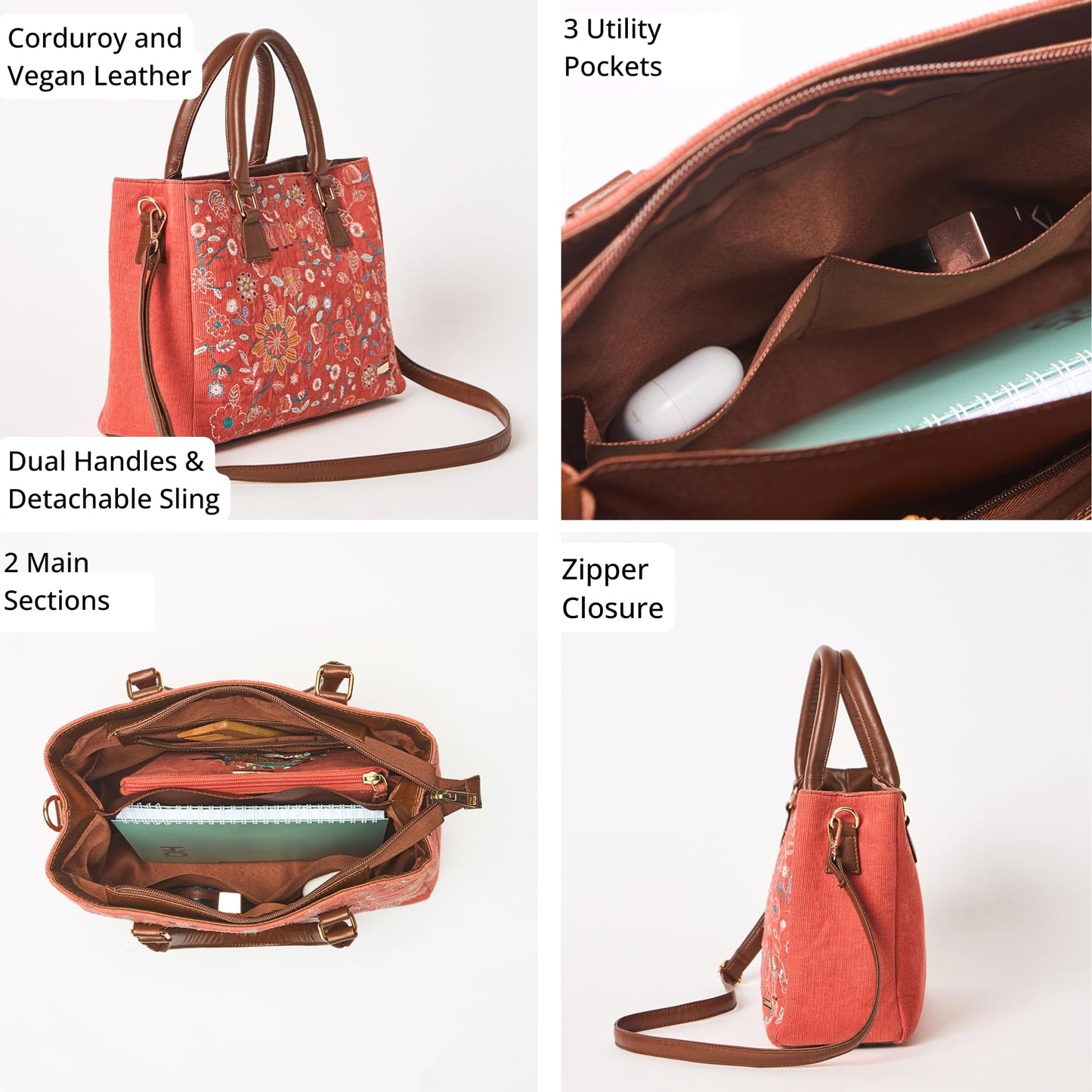 Chumbak Marrakesh Tote Bag, 7.8L, Red, Corduroy Outer with Polyester Lining, Everyday Handbag with Kashmiri Motif, Kashmir Trails Collection