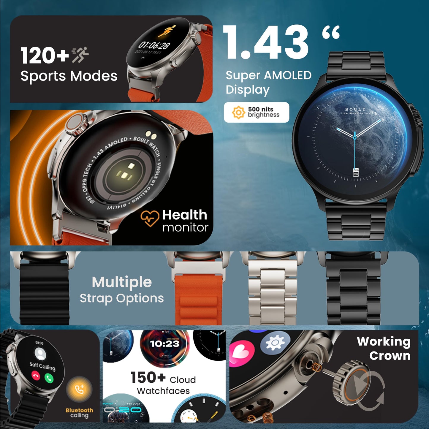 GOBOULT Newly Launched Crown R Pro Smart Watch 1.43''HD AMOLED, BT Calling, Working Crown, Zinc Alloy Frame, 600 Nits Brightness, AI Voice Assistant, SpO2 Monitoring, 120+ Sports Mode (Metal Black)