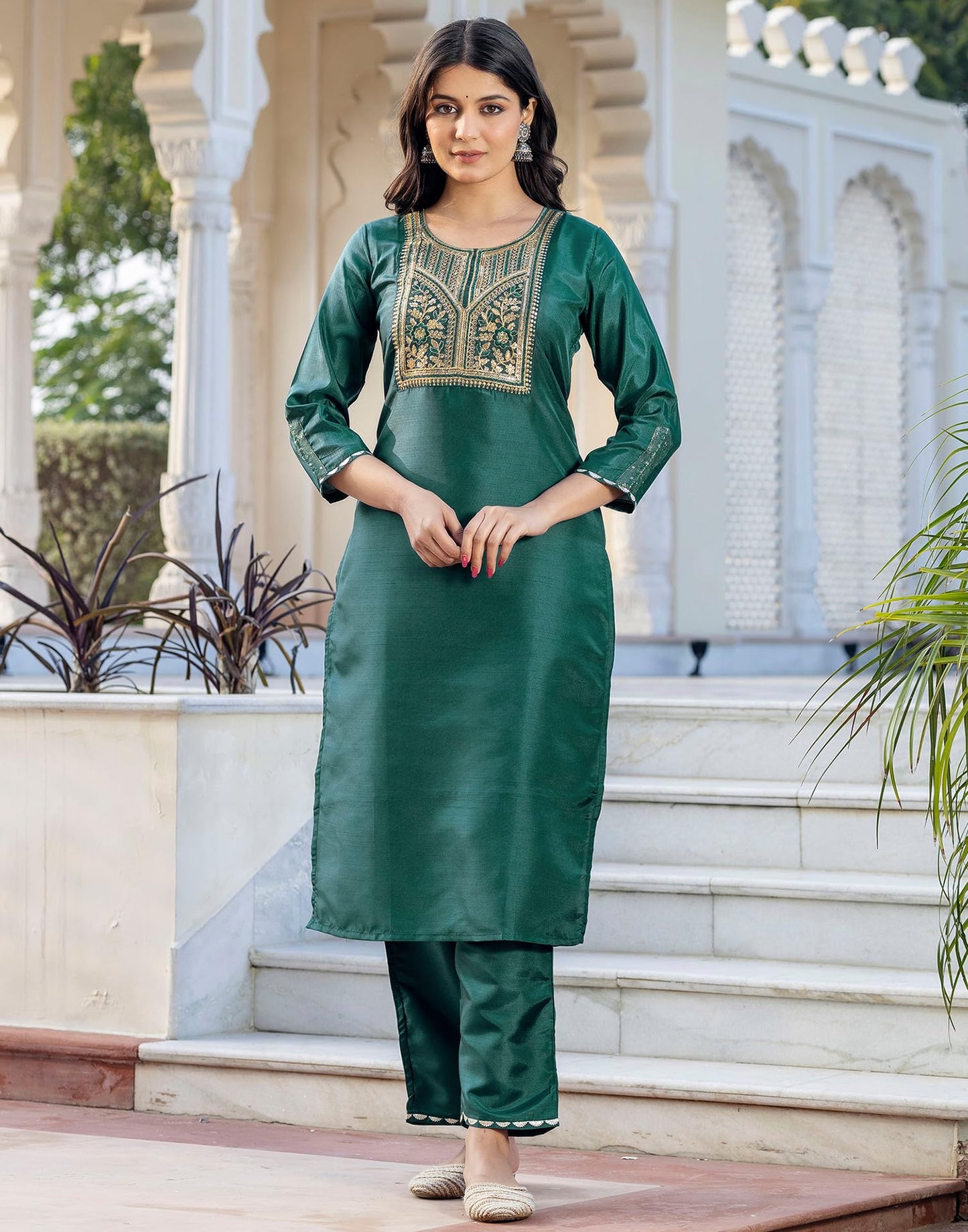 SIRIL Women's Rayon Kurta Set | Sequence Embroidery Straight Kurta with Pant & Dupatta| Kurta Sets for Woman (245KBD2584-S_Dark Green)