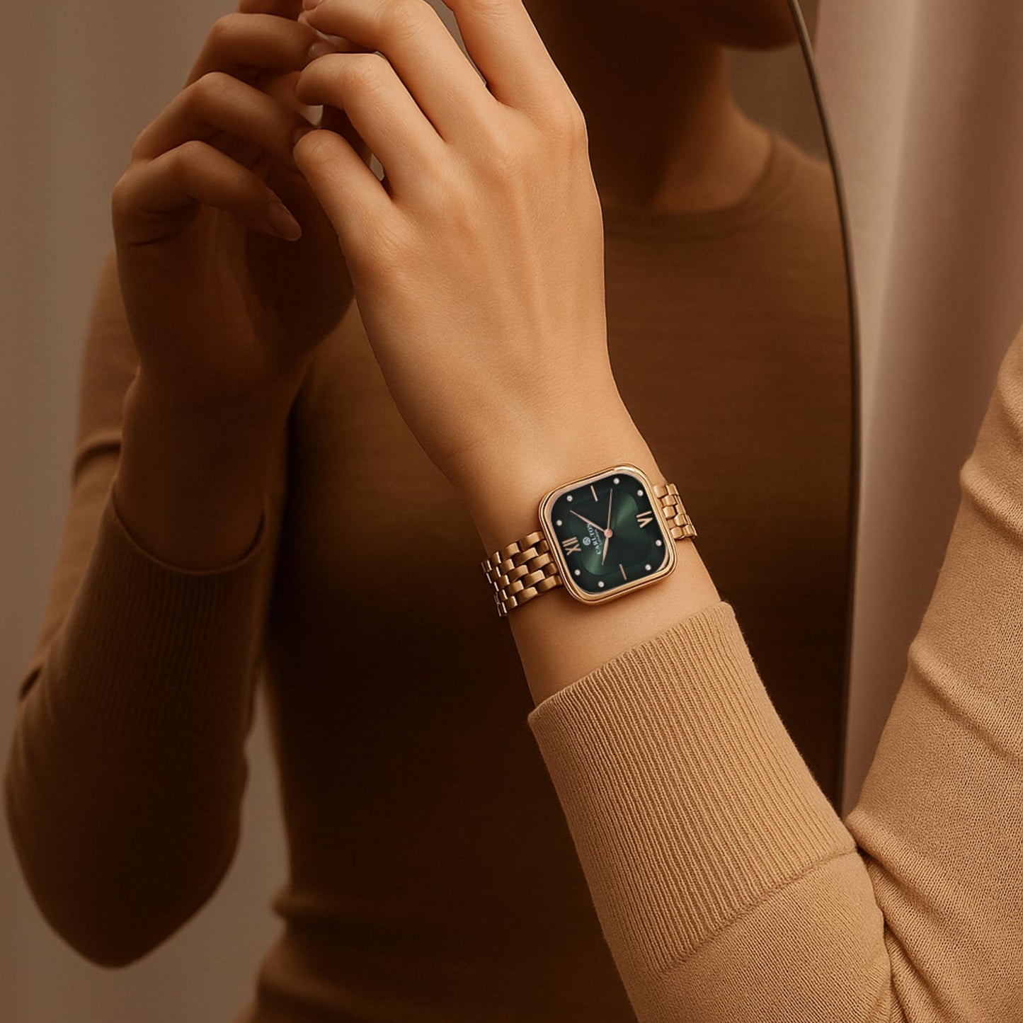 Carlton London Women Stainless Steel Analog Watch | Gold-Green Waterproof Watches for Women Girls Ladies | Fashionable Trendy Quartz Movement Wrist Watch - CLSSCDGRN