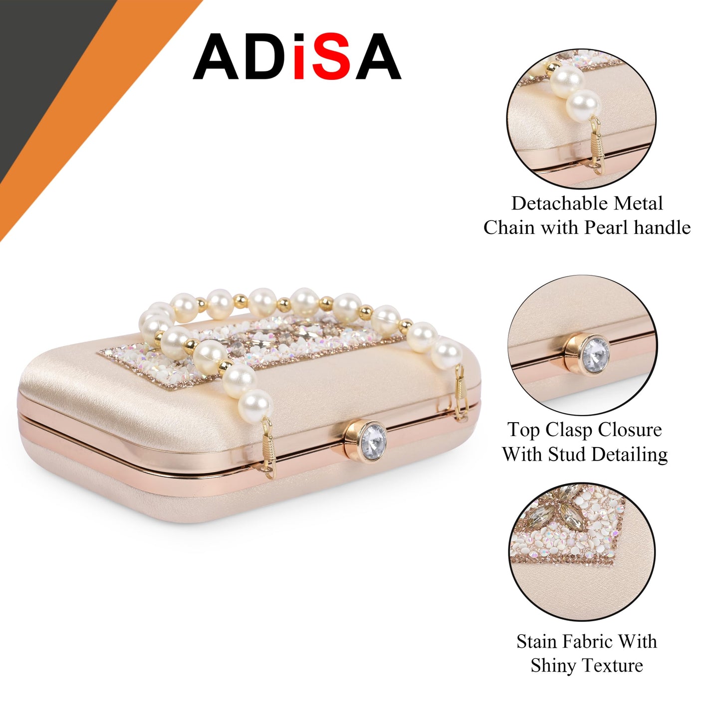 ADISA Beaded formal party clutch with gold chain for women and girls (CL108-GOL)