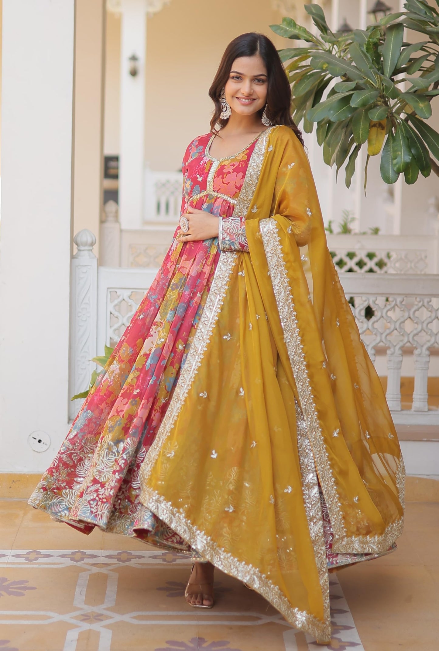 Fashion Basket Women's Pink Georgette Anarkali Kurta Set (Medium, Pink)
