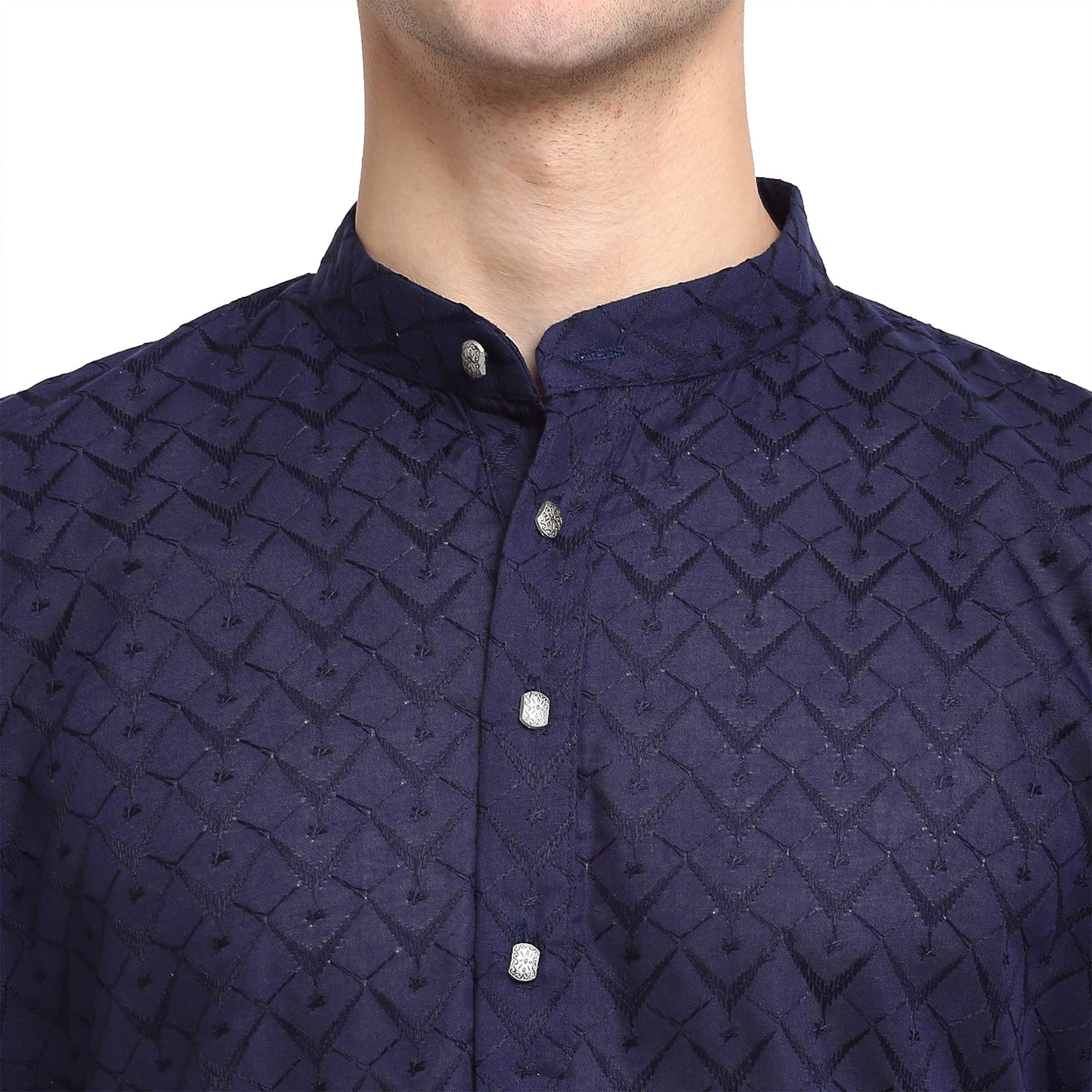 Jompers Men Navy Blue & White Self Design Kurta (Navy, M)