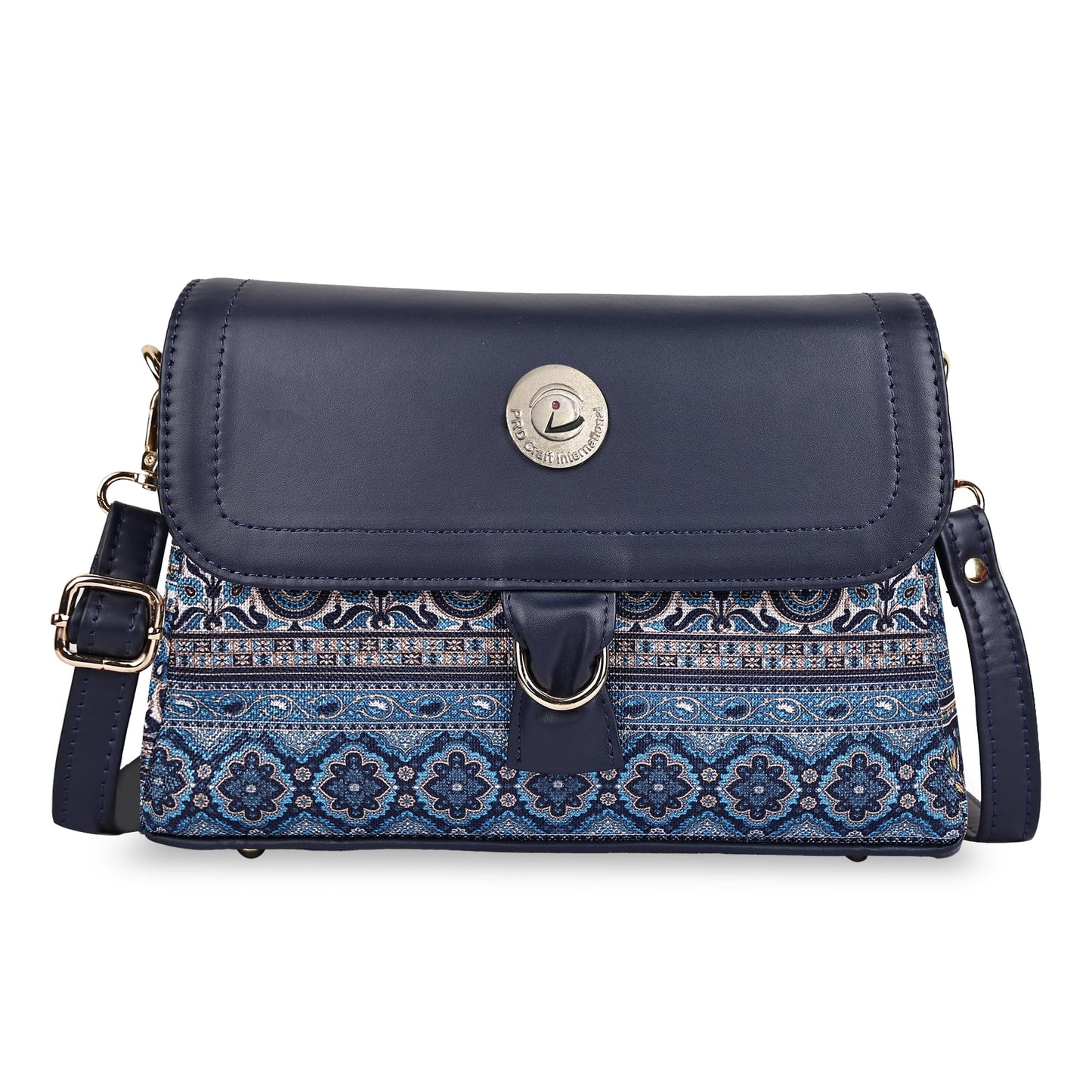 PRD Craft Boho Printed Sling Bag for Women | Jute Crossbody Shoulder Purse with Flap Lock, Zip Closure & Adjustable Strap (Blue, Small)