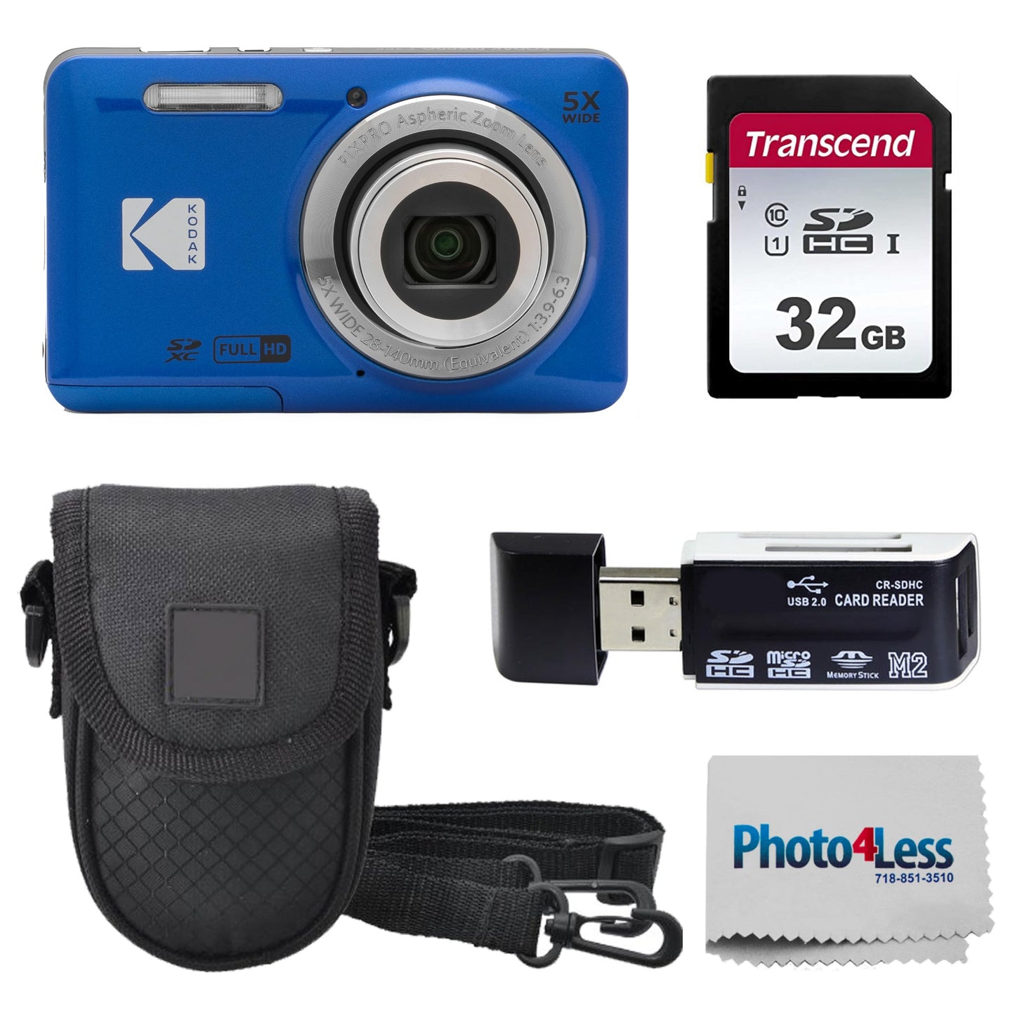 KODAK PIXPRO FZ55 16MP Digital Point & Shoot Camera, 5X Optical Zoom, 28mm Wide Angle, 1080P Full HD Video, Bundle with 32GB SD Card, Protective Case, and Hi-Speed Card Reader (Blue)