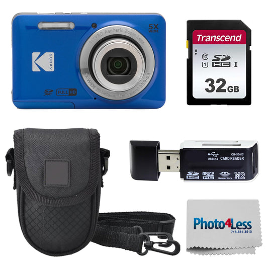 KODAK PIXPRO FZ55 16MP Digital Point & Shoot Camera, 5X Optical Zoom, 28mm Wide Angle, 1080P Full HD Video, Bundle with 32GB SD Card, Protective Case, and Hi-Speed Card Reader (Blue)