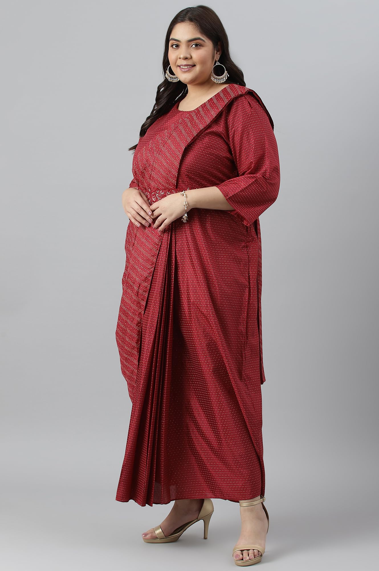 W for Woman Plus Size Maroon Insta Saree Dress with Embroidered Belt_22AUW18050G-119684_4XL