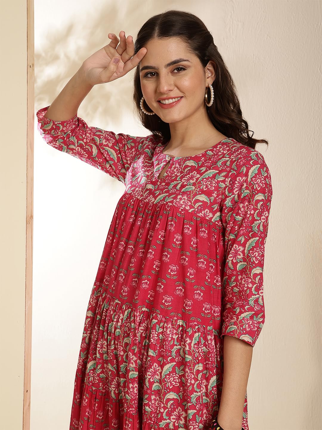 Gulmohar Jaipur Women's Cotton Ankle Length Printed Key Hole Neck Anarkali Gown (GUL485KRTPINK_3XL, 3XL, Pink)