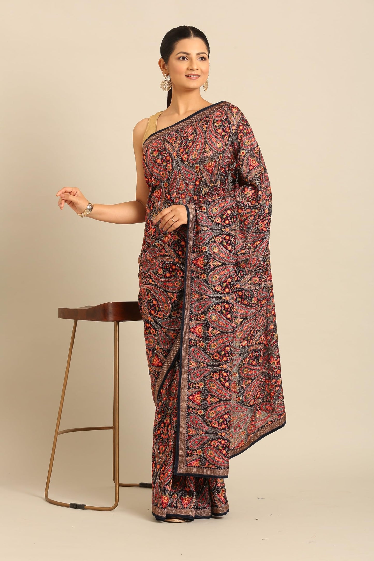 MOHEY Women's Blue Georgette Printed| Embroidered Saree