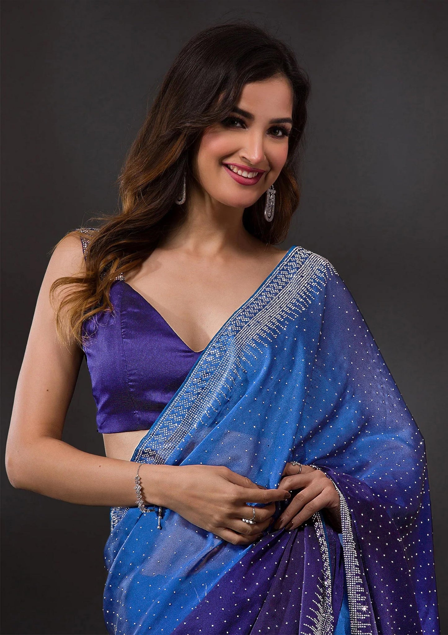 TRENDMALLS Women's Rangoli Silk Siroski Dual Shade Saree with Unstitch Blouse Piece (K1041-Blue)