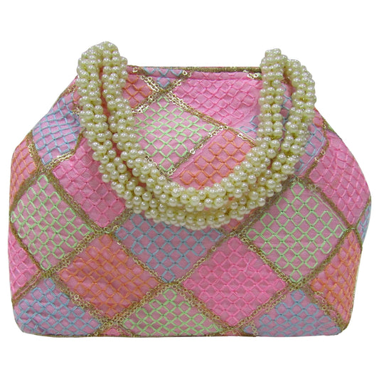 Purple Pink Embellished Silk Potli Bags for Women Evening Bag Clutch Ethnic Bride Purse With Pear Handle For Weddings & Special Occasion (Multicolor7)