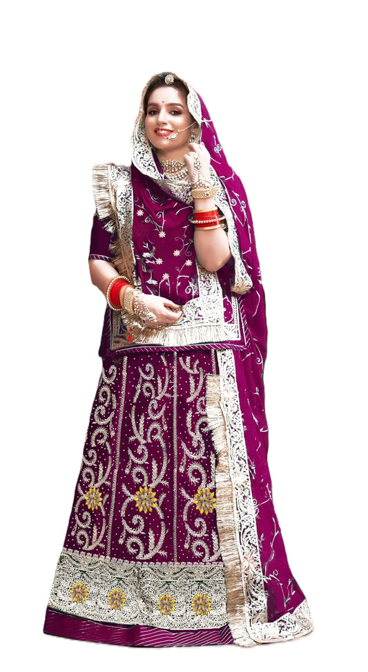SHYAMLATA Fancy Heavy Embroidery And Sequins Work Shimmer Silk Semi-stitched Rajasthani Poshak || Rajputi Lehenga Choli For Women || Lehenga choli for women (Purple)