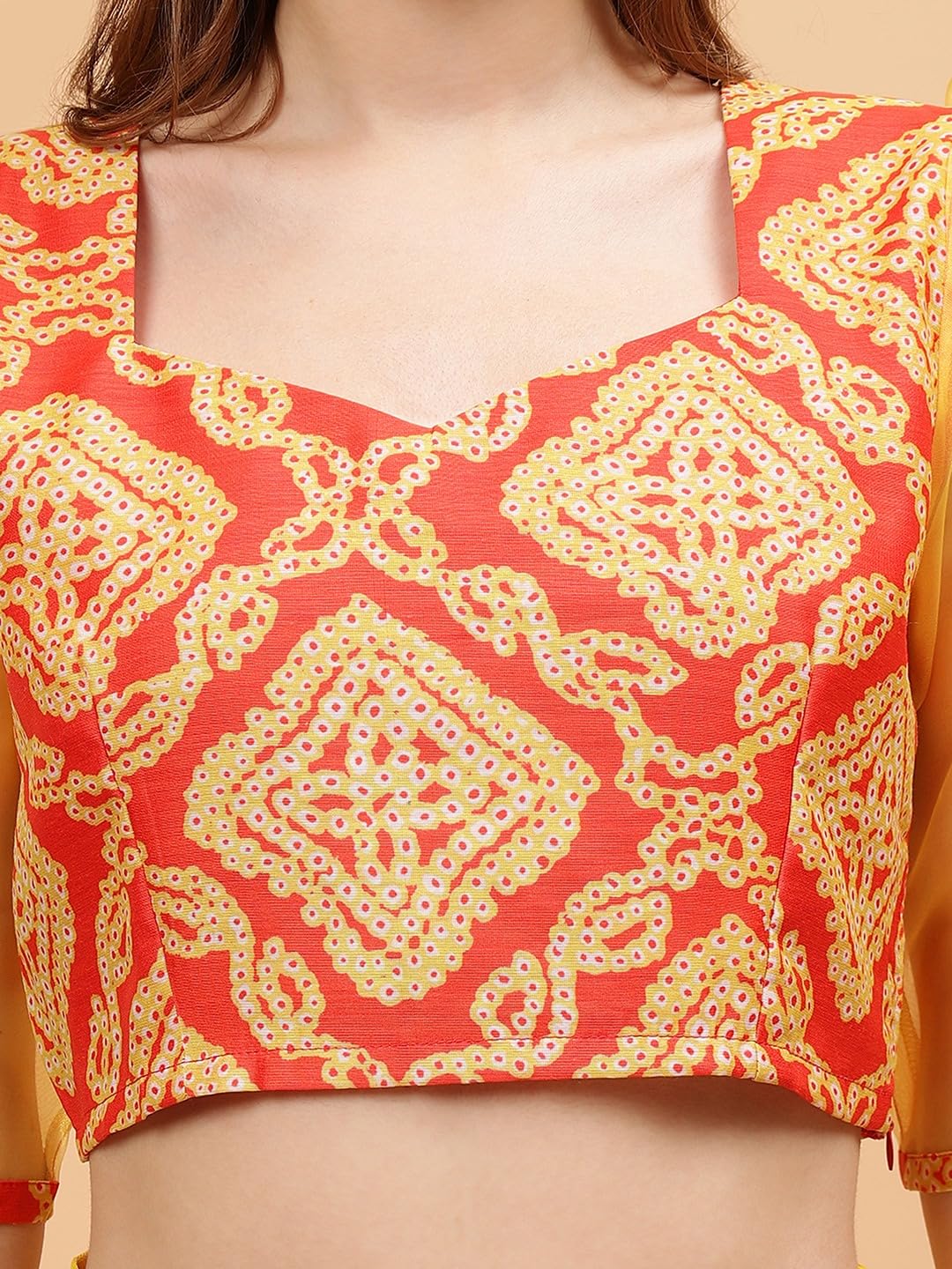 Frolic Rolic Orange & Yellow Bandhej Print Silk Blend 3/4th Organza Sleeves Sweetheart Neck Blouse ((FRBLS-016_Orange, Yellow_M)