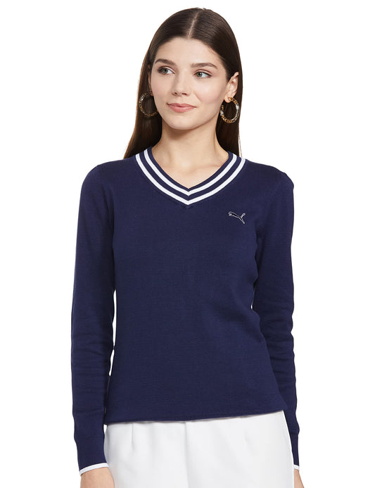 Puma Women's' Cotton V-Neck Sweater (56835502_Medieval White-Vapor Blue_S)