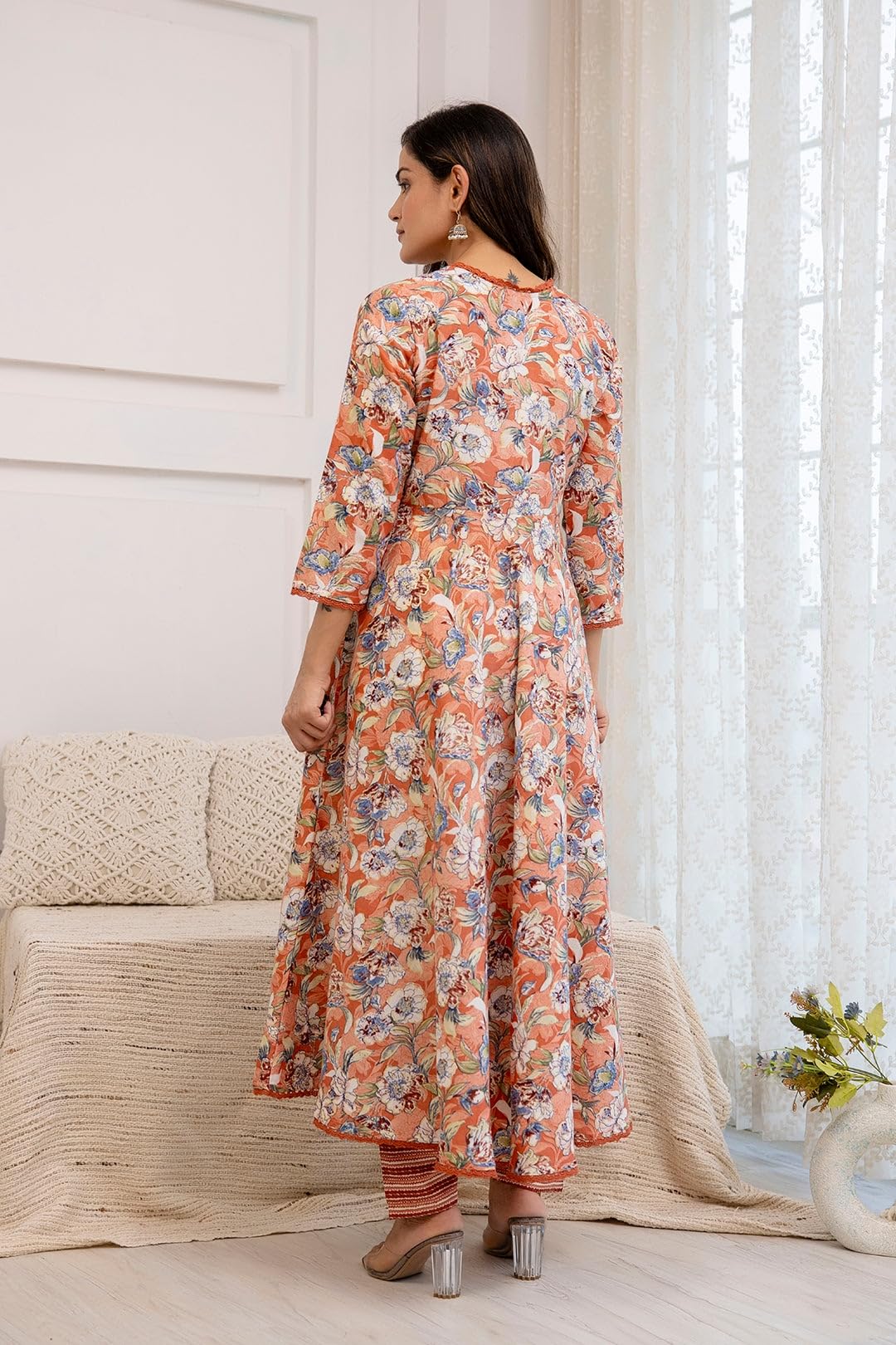 PARTHVI Women's Printed Cotton Anarkali Kurta and Pant with Dupatta Set (6X-Large Peach)