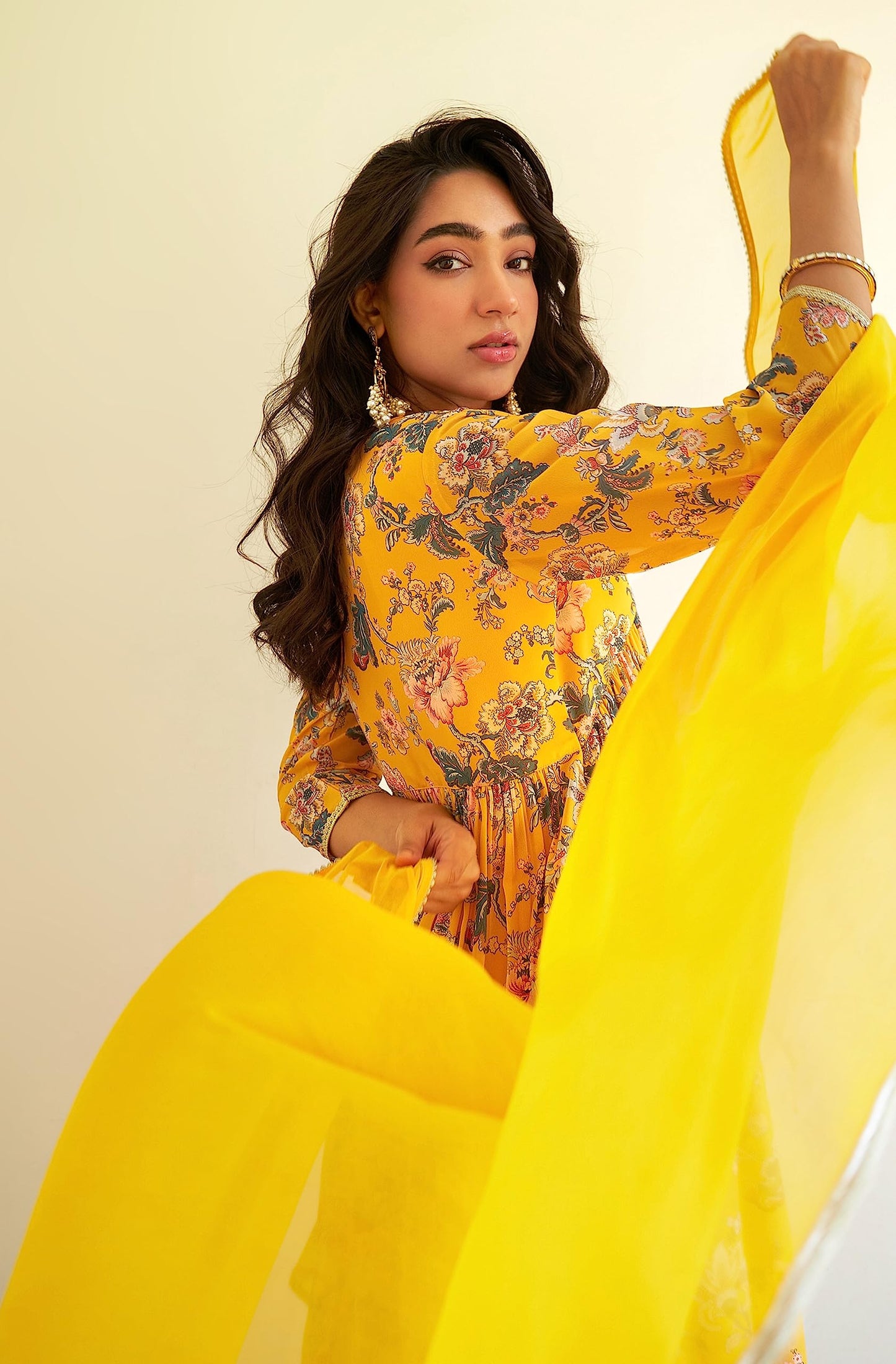 Janasya Women's Yellow Georgette Digital Floral Printed Kurta with Sharara and Dupatta(SET754-KR-SHA-XS)