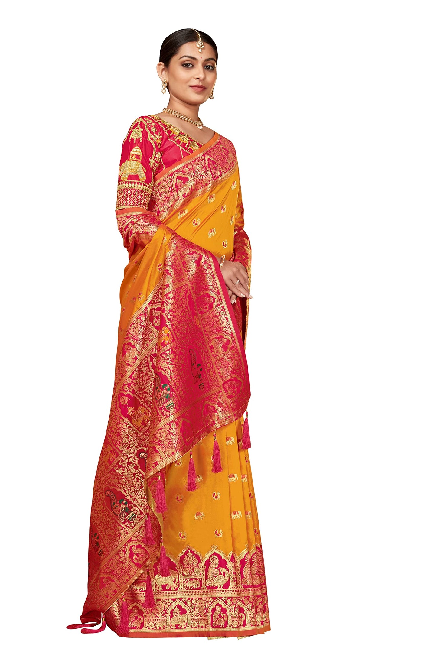 MANOHARI Women's Traditional Jacquard Work Yellow Banarasi Silk Woven Pattern Most Trendy Saree with Unstitch Blouse Piece