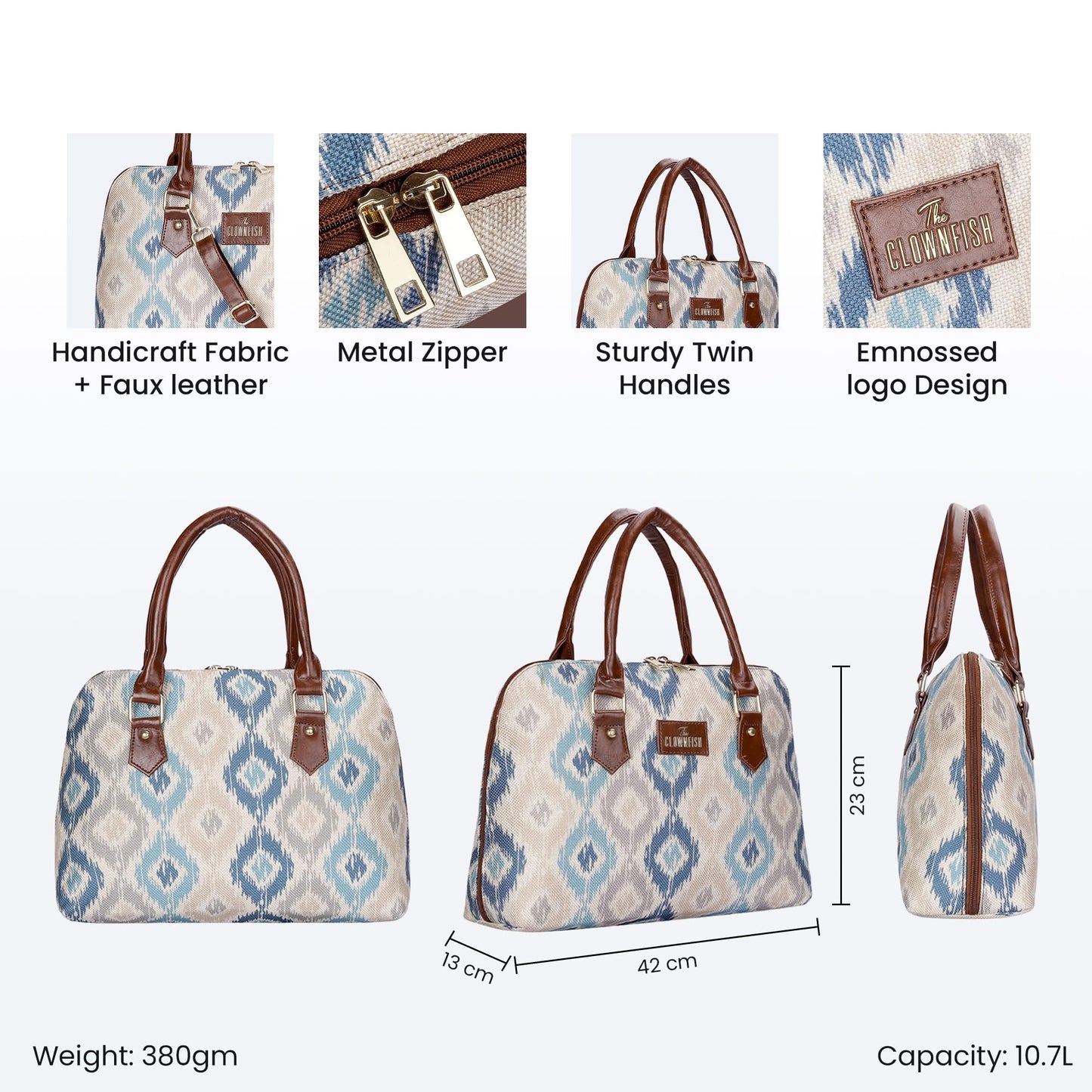 THE CLOWNFISH Montana Series Printed Handicraft Fabric & Faux leather Handbag for Women Office Bag Ladies Purse Shoulder Bag Tote For Women College Girls (Pearl with Patola Design)